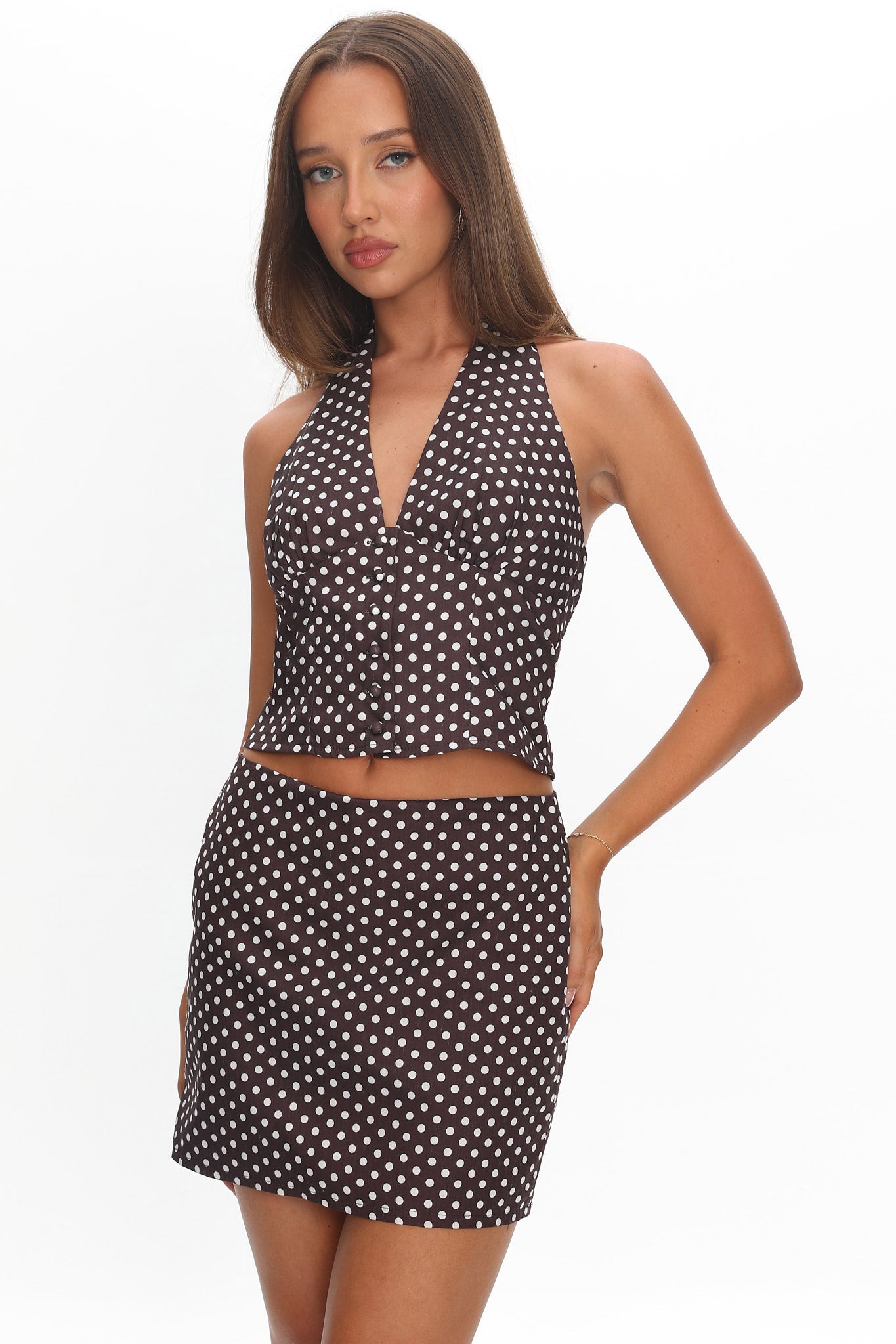 Sundrenched Mini Skirt Polka Dot Chocolate by Selfie Leslie Australia