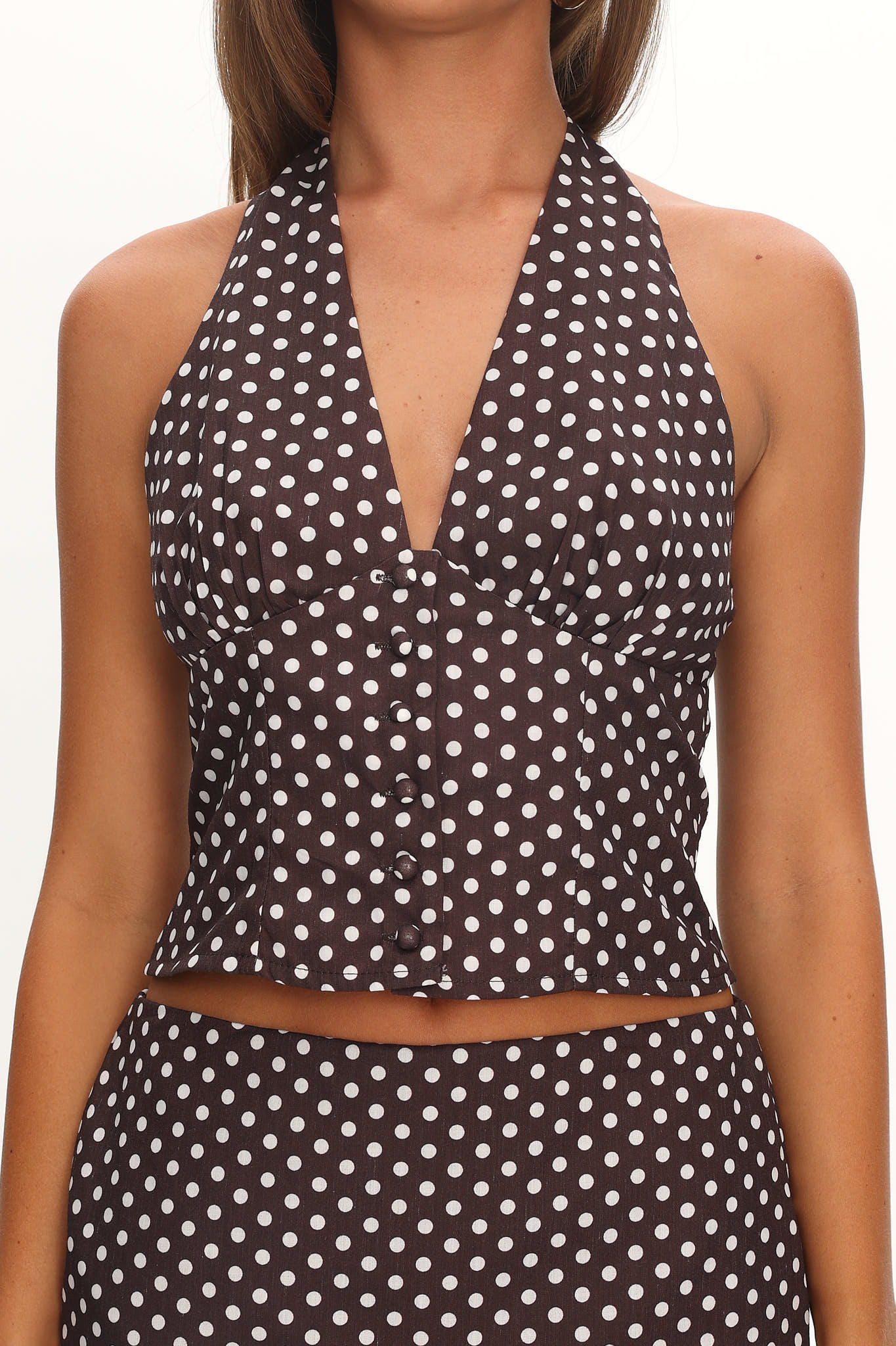 Sundrenched Button Halter Top Polka Dot Chocolate by Selfie Leslie Australia