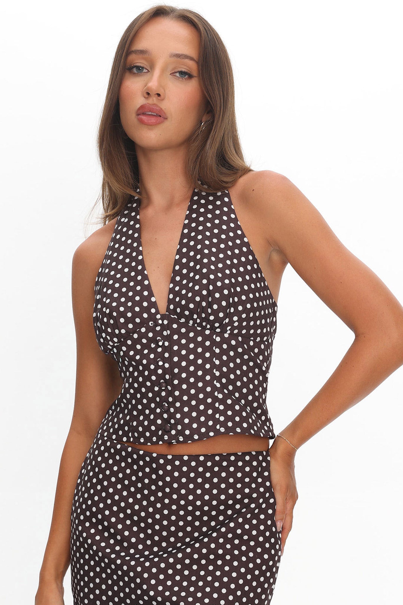 Sundrenched Button Halter Top Polka Dot Chocolate by Selfie Leslie Australia