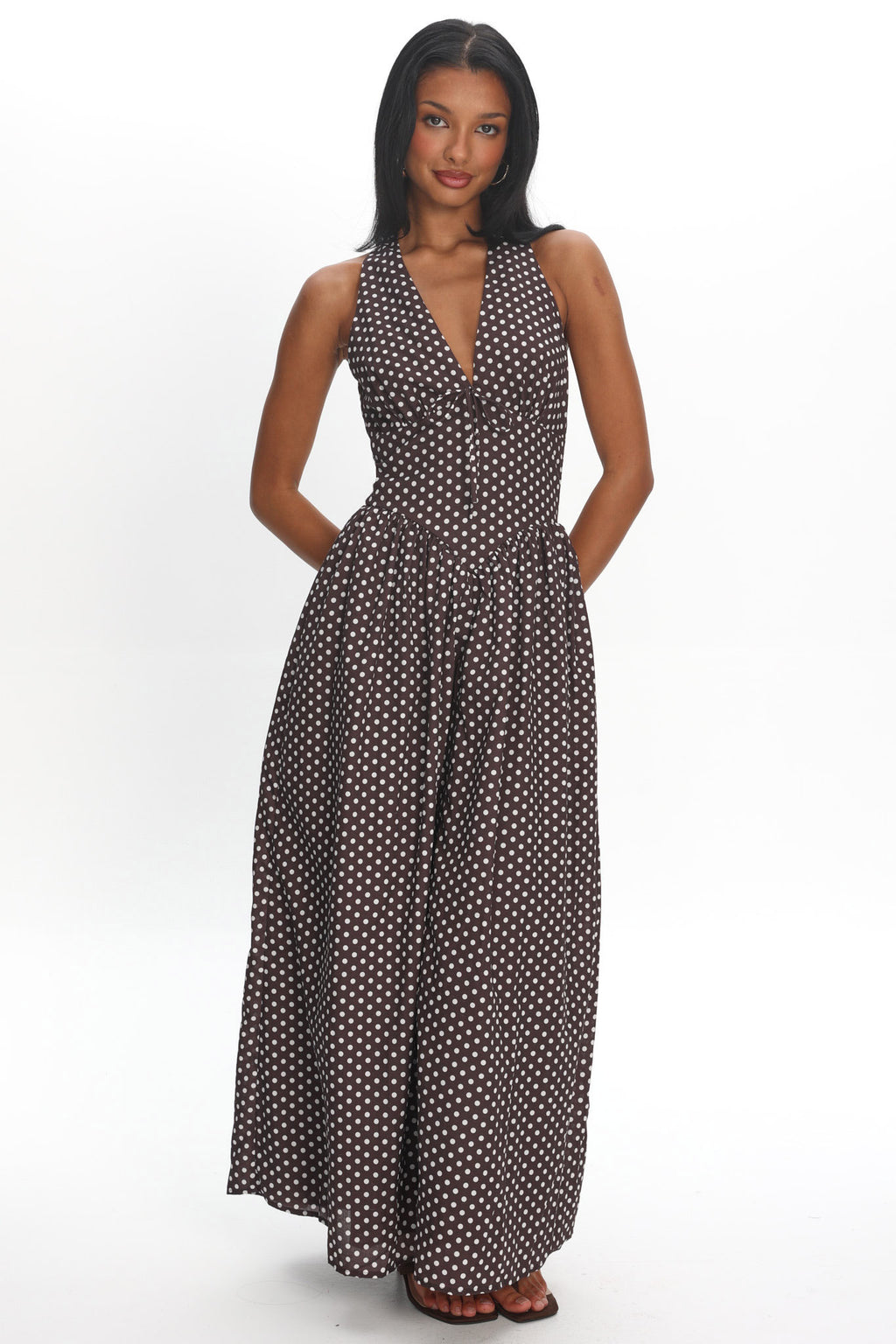 Clarette Basque Waist Open Back Maxi Dress Spotted Chocolate by Selfie Leslie Australia
