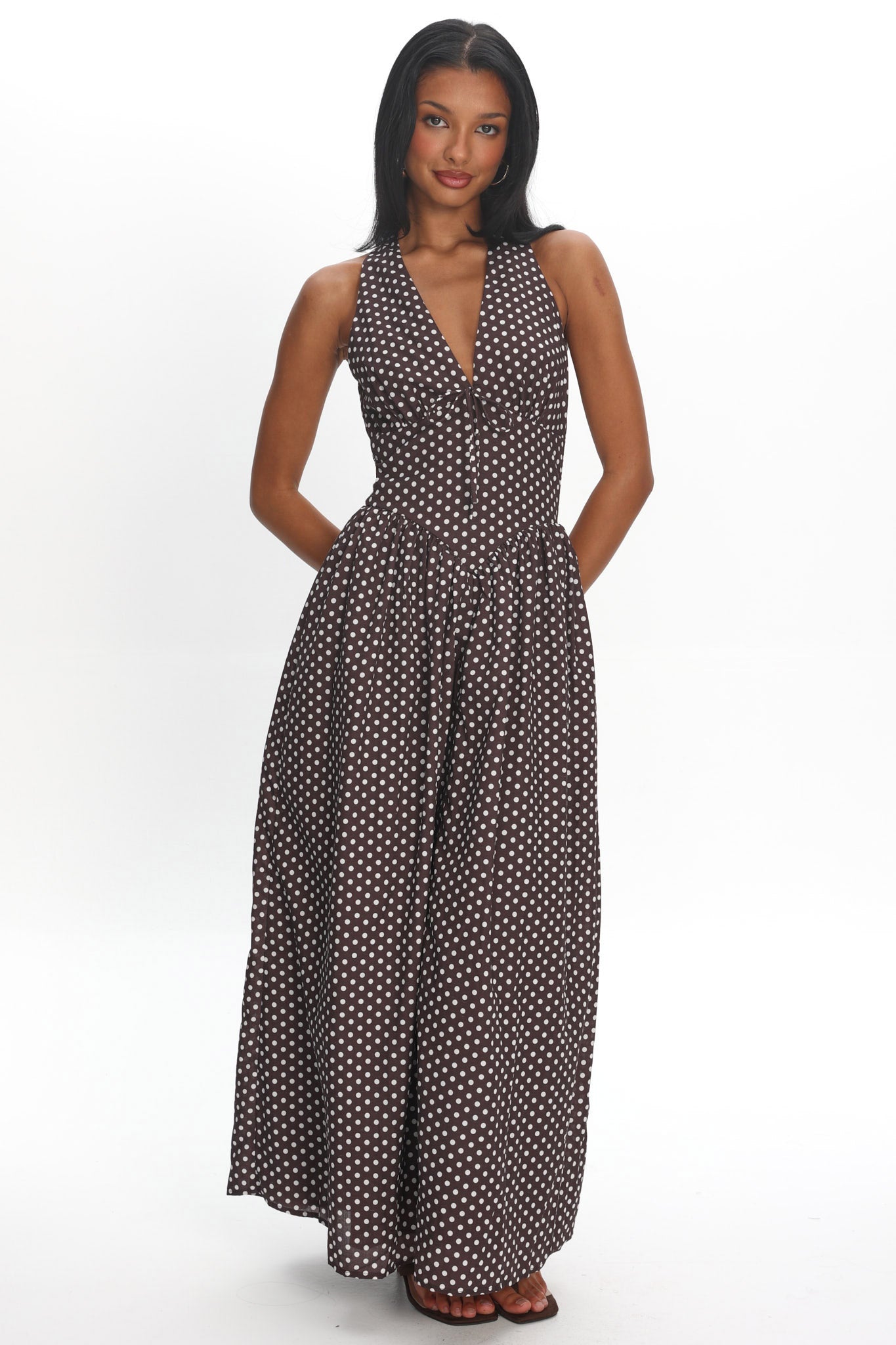 Clarette Basque Waist Open Back Maxi Dress Spotted Chocolate by Selfie Leslie Australia