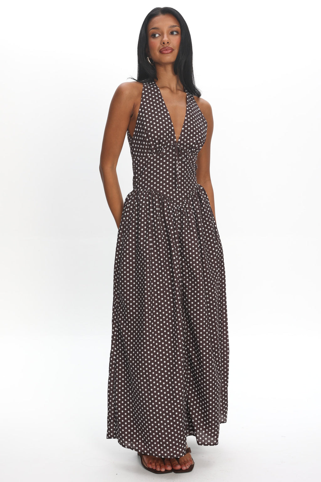 Clarette Basque Waist Open Back Maxi Dress Spotted Chocolate by Selfie Leslie Australia