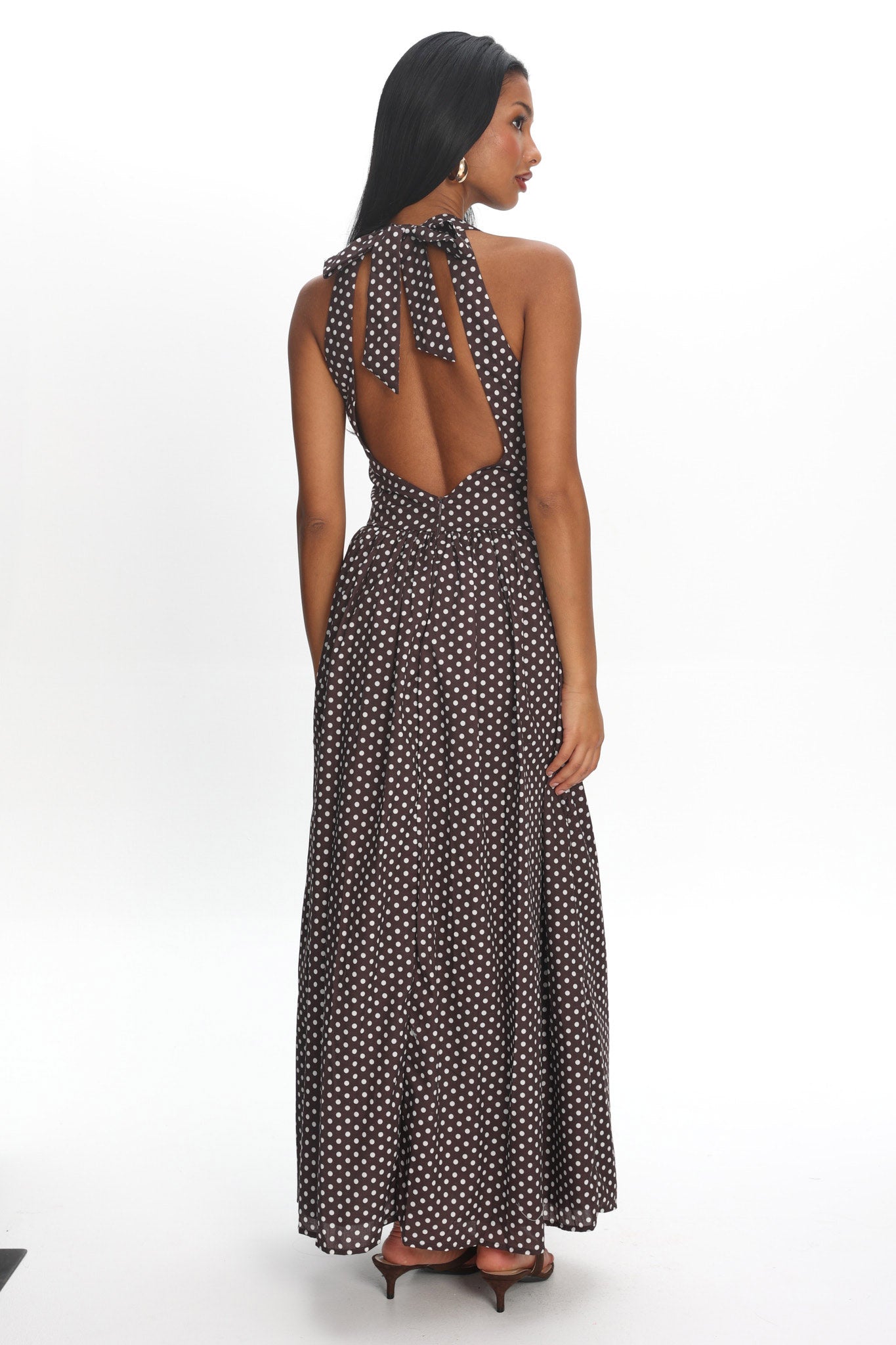Clarette Basque Waist Open Back Maxi Dress Spotted Chocolate by Selfie Leslie Australia