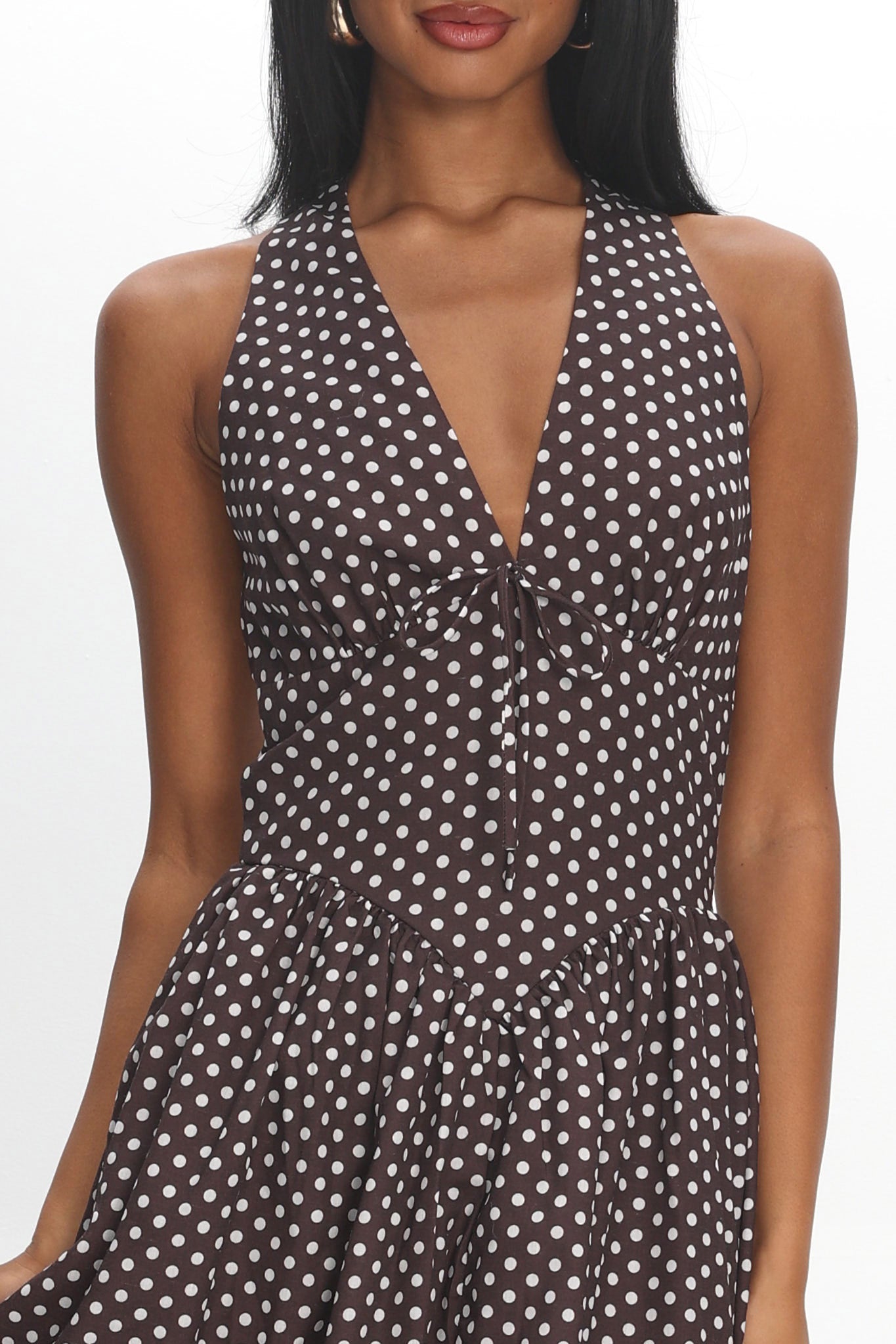 Clarette Basque Waist Open Back Maxi Dress Spotted Chocolate by Selfie Leslie Australia