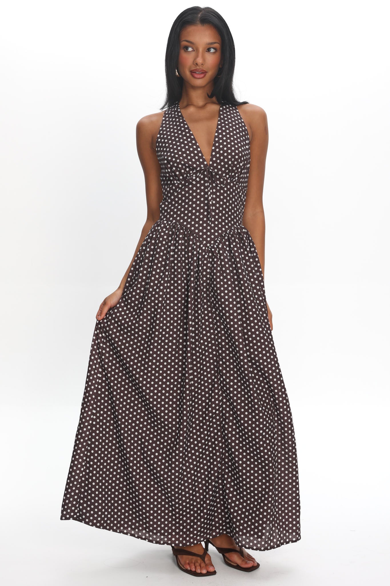 Clarette Basque Waist Open Back Maxi Dress Spotted Chocolate by Selfie Leslie Australia
