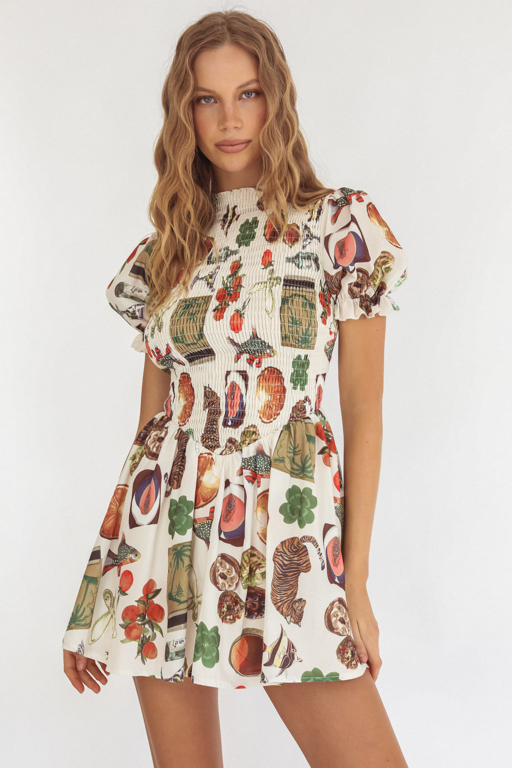 Nia Shirred Puff Sleeve Mini Dress Exotic Print Beige by Selfie Leslie Australia