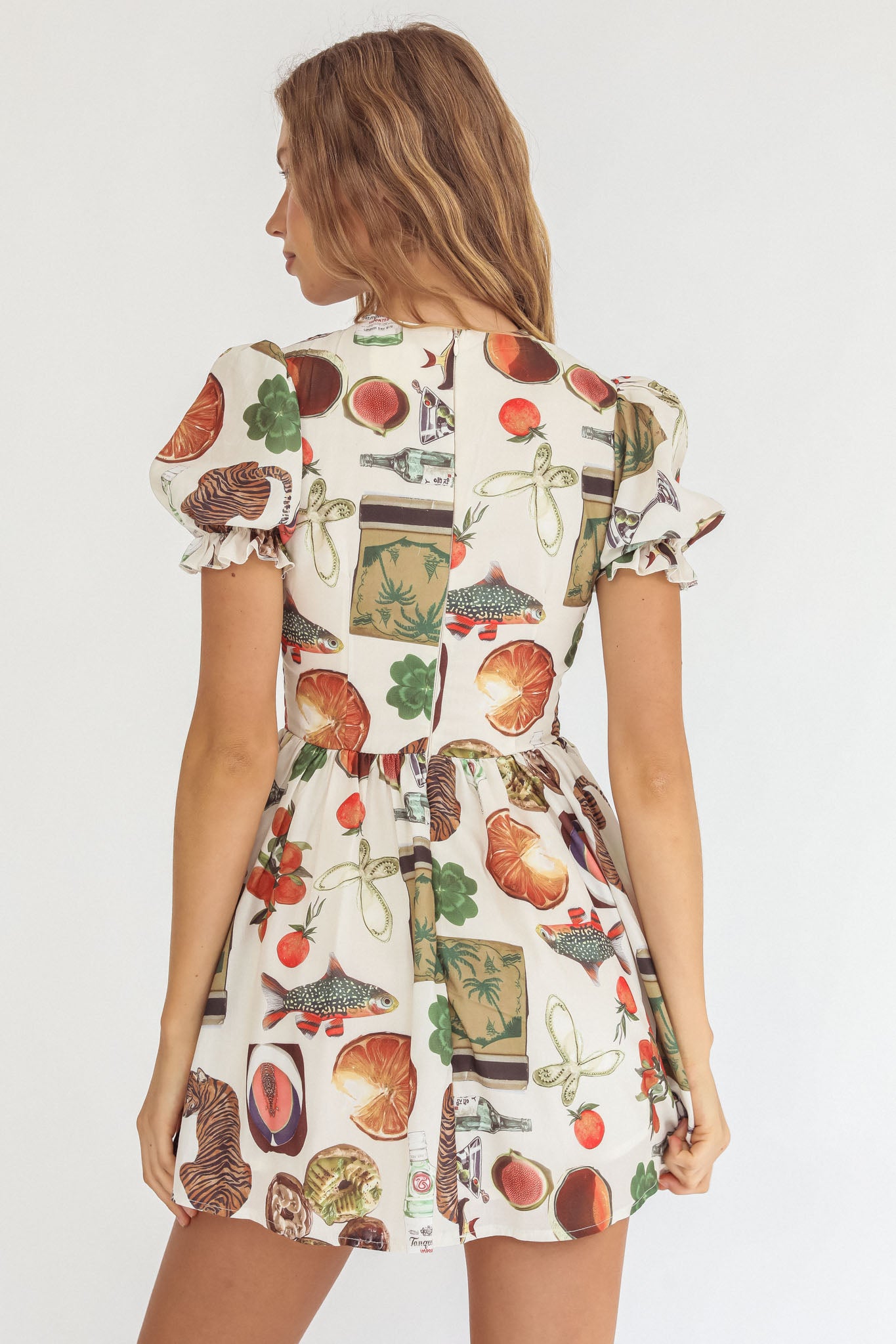 Nia Shirred Puff Sleeve Mini Dress Exotic Print Beige by Selfie Leslie Australia
