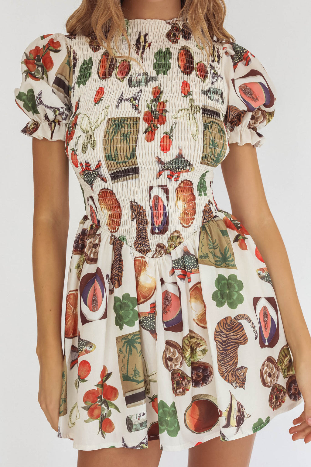 Nia Shirred Puff Sleeve Mini Dress Exotic Print Beige by Selfie Leslie Australia