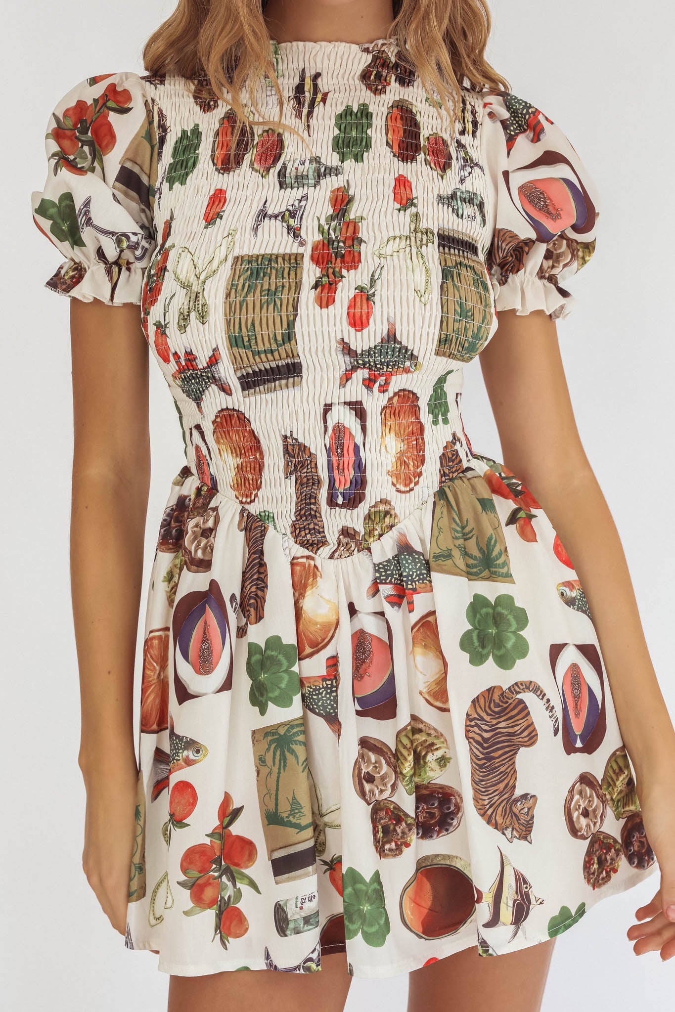 Nia Shirred Puff Sleeve Mini Dress Exotic Print Beige by Selfie Leslie Australia
