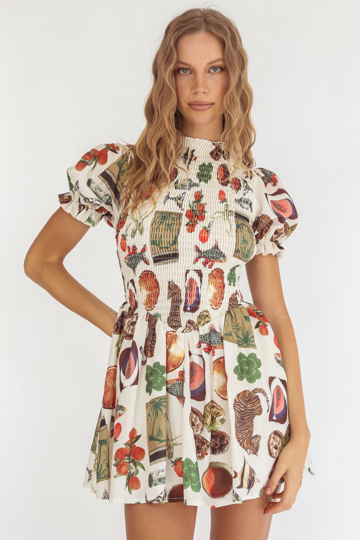 Nia Shirred Puff Sleeve Mini Dress Exotic Print Beige by Selfie Leslie Australia