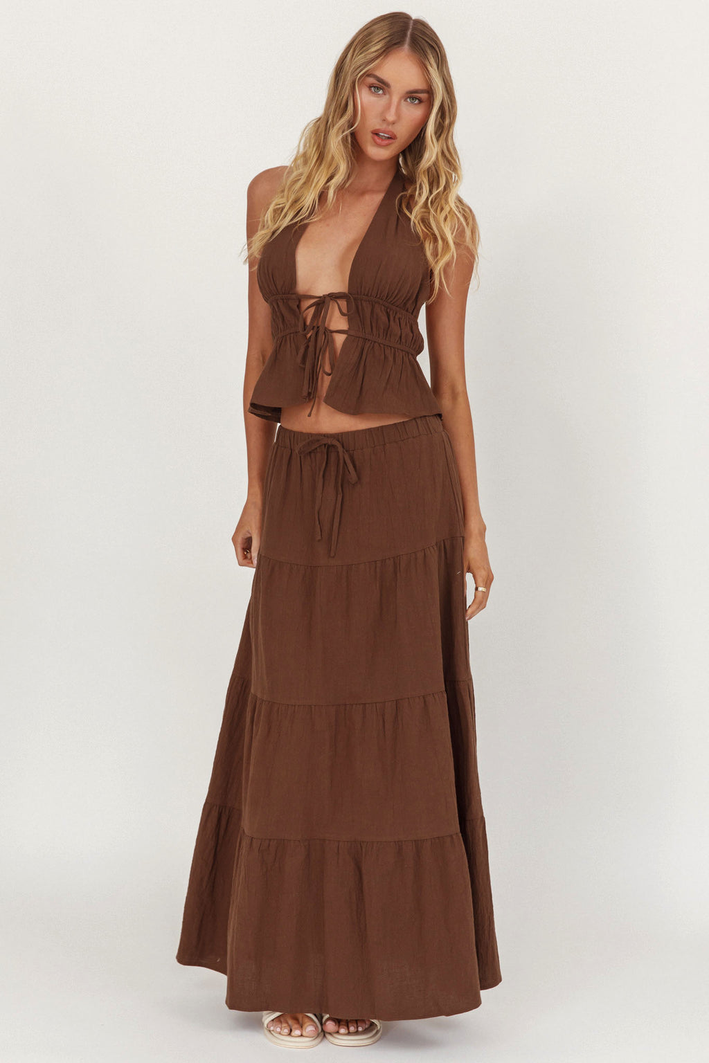 Under The Moons Tie Waist Maxi Skirt Cocoa by Selfie Leslie Australia