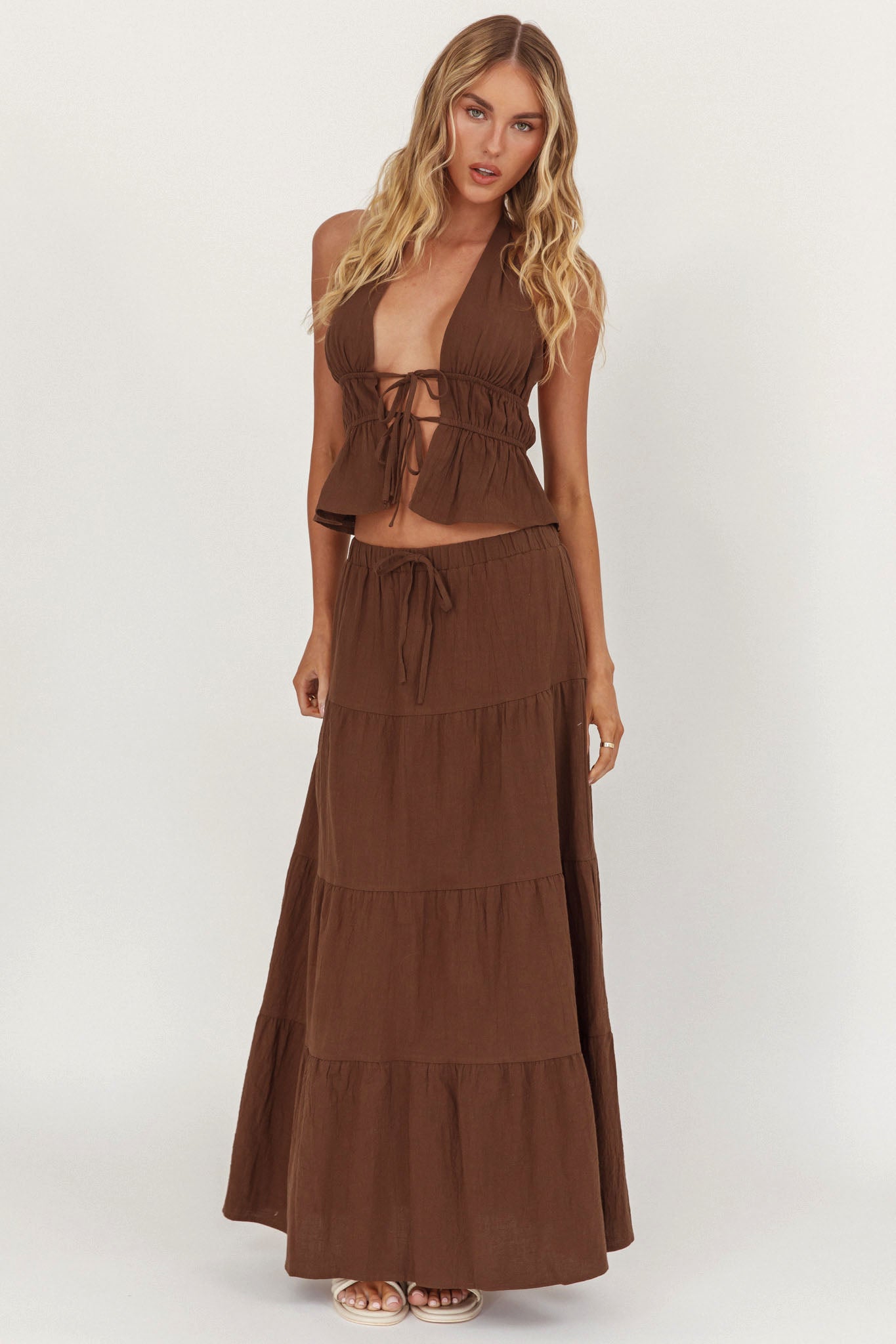 Under The Moons Tie Waist Maxi Skirt Cocoa by Selfie Leslie Australia