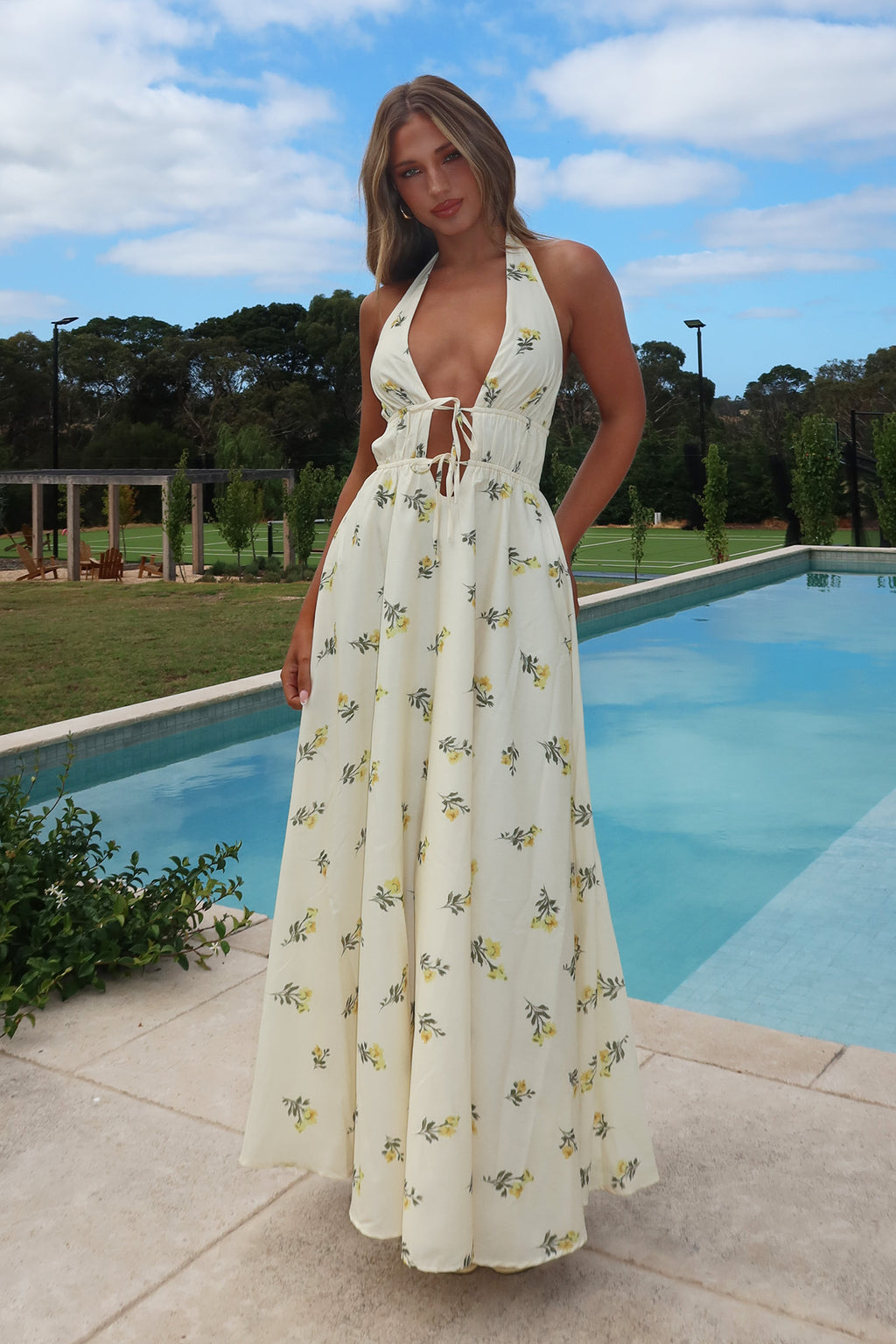 Under The Moons Tied Front Maxi Dress Floral Yellow by Selfie Leslie Australia