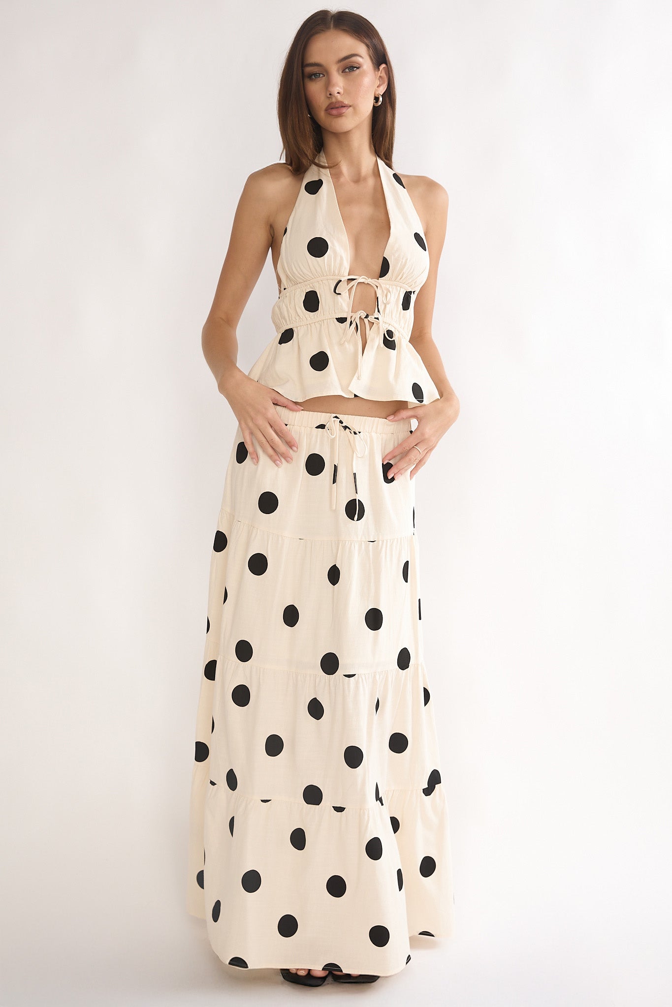 Under The Moons Tied Front Halter Top Polka Dot Beige by Selfie Leslie Australia