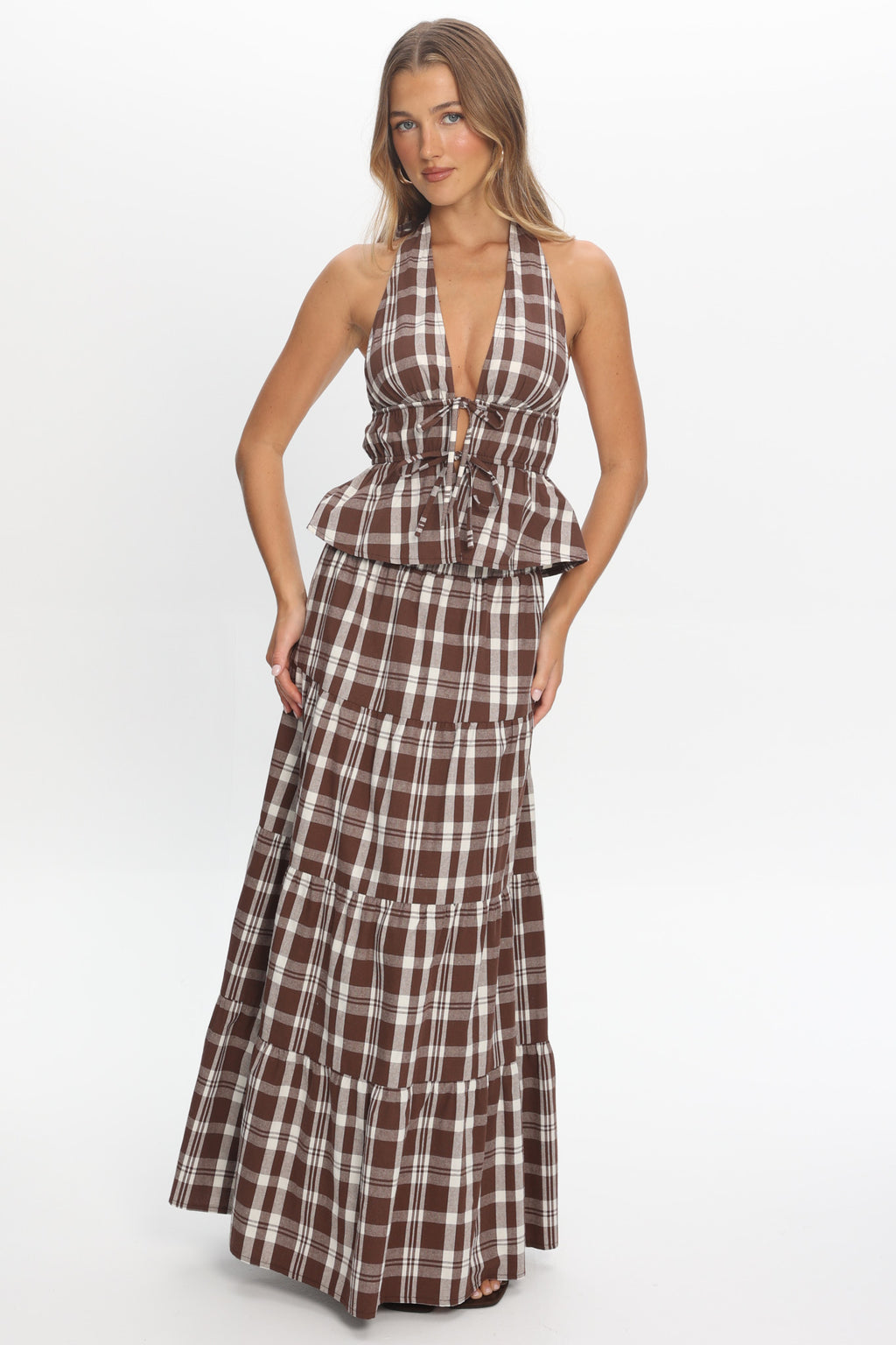 Admire Elasticated Maxi Skirt Plaid Chocolate by Selfie Leslie Australia