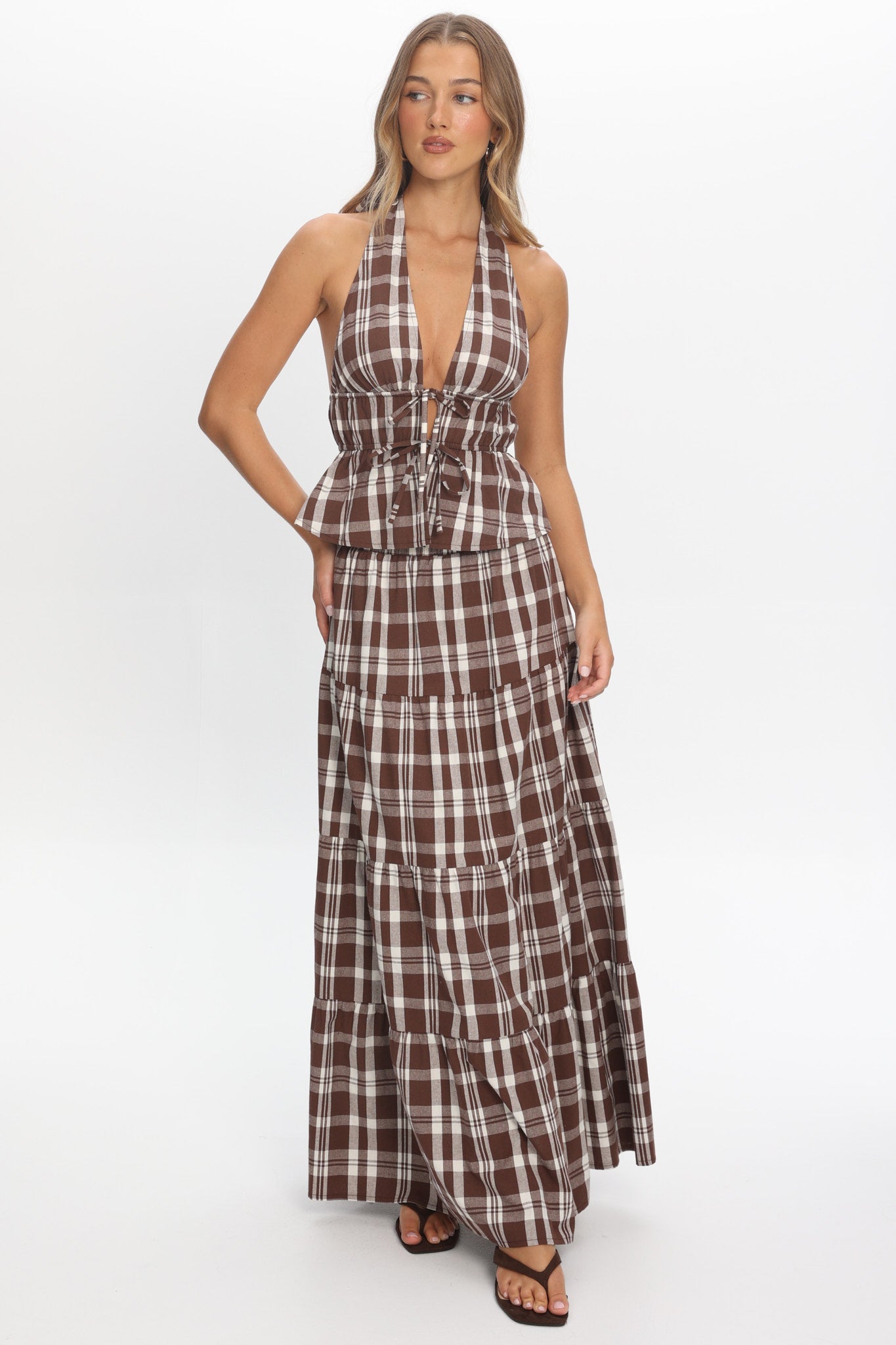 Admire Elasticated Maxi Skirt Plaid Chocolate by Selfie Leslie Australia
