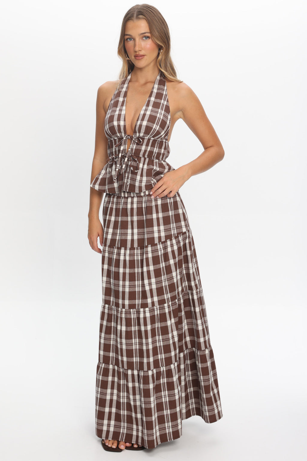 Admire Elasticated Maxi Skirt Plaid Chocolate by Selfie Leslie Australia