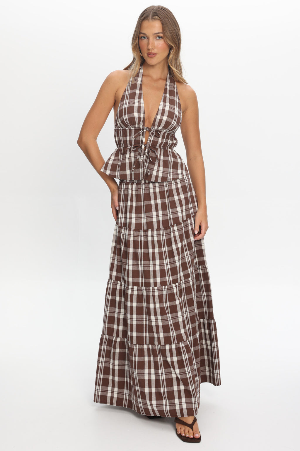 Admire Tie Front Halter Top Plaid Chocolate by Selfie Leslie Australia