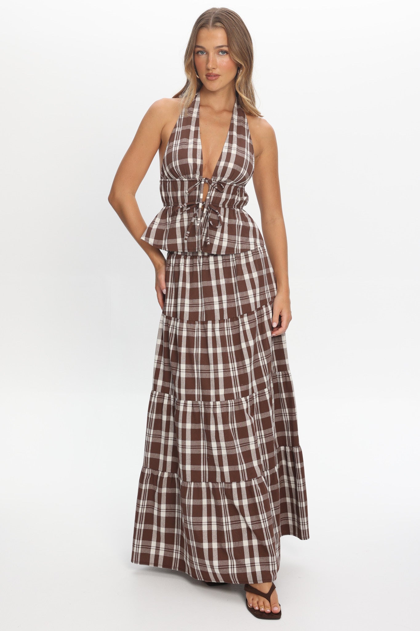 Admire Tie Front Halter Top Plaid Chocolate by Selfie Leslie Australia