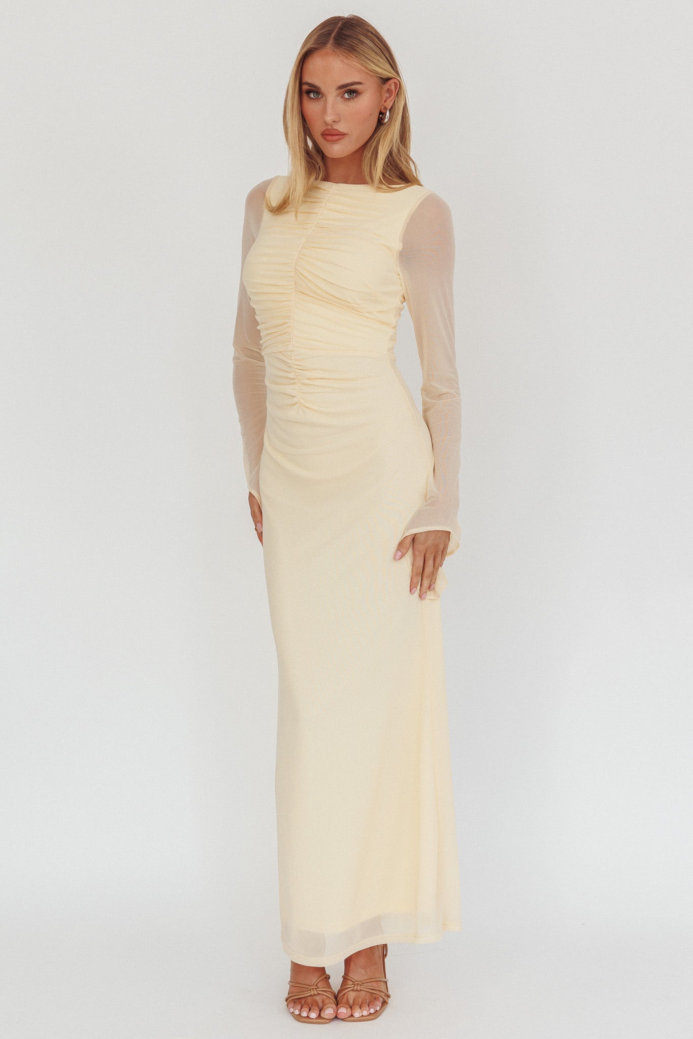 Luna Love Long Sleeve Mesh Maxi Dress Cream by Selfie Leslie Australia