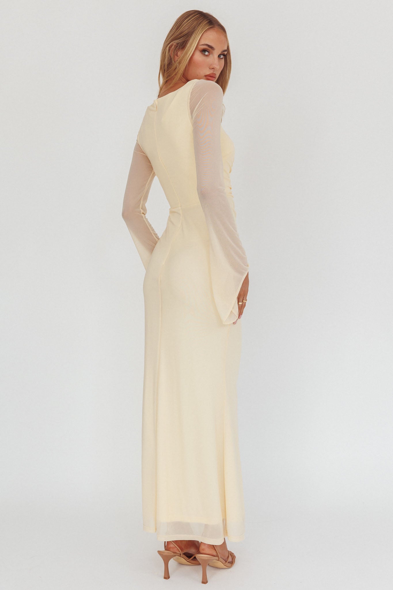 Luna Love Long Sleeve Mesh Maxi Dress Cream by Selfie Leslie Australia
