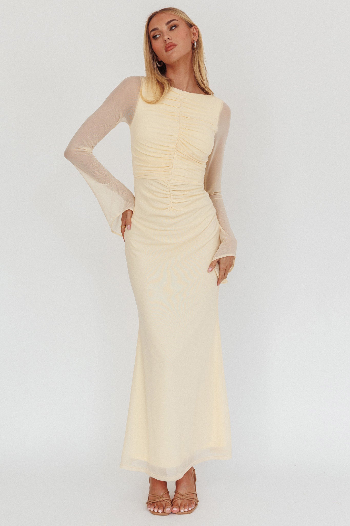 Luna Love Long Sleeve Mesh Maxi Dress Cream by Selfie Leslie Australia