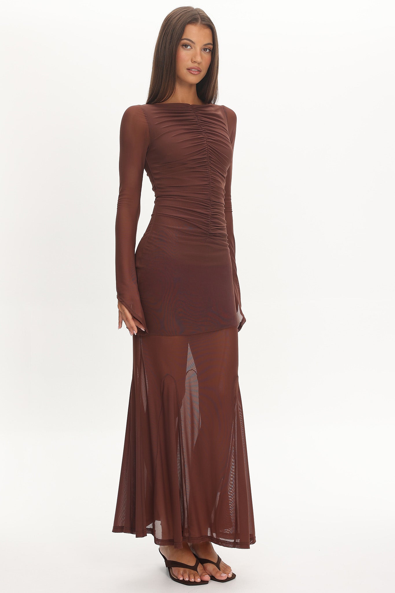 Luna Love Long Sleeve Mesh Maxi Dress Chocolate by Selfie Leslie Australia