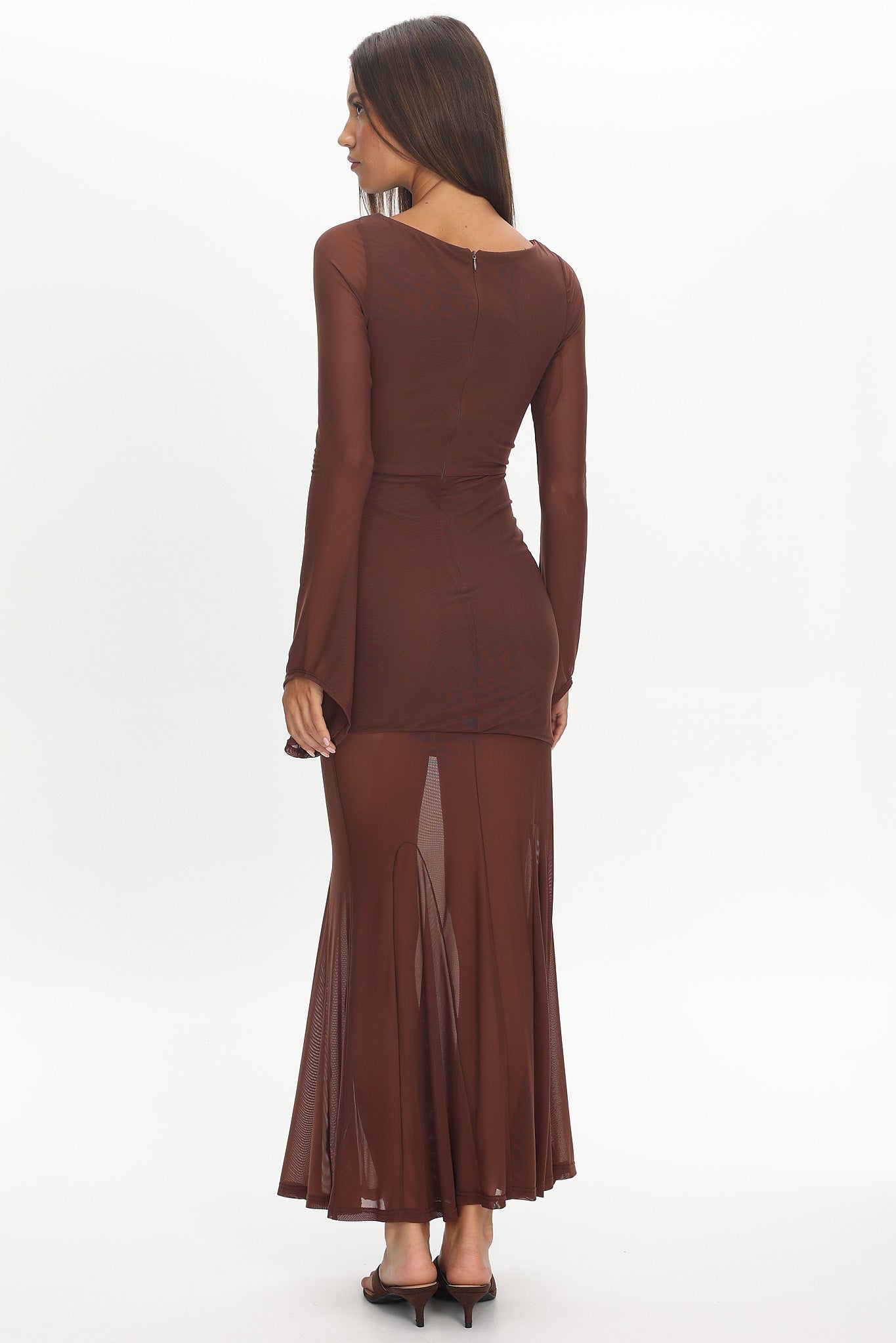 Luna Love Long Sleeve Mesh Maxi Dress Chocolate by Selfie Leslie Australia