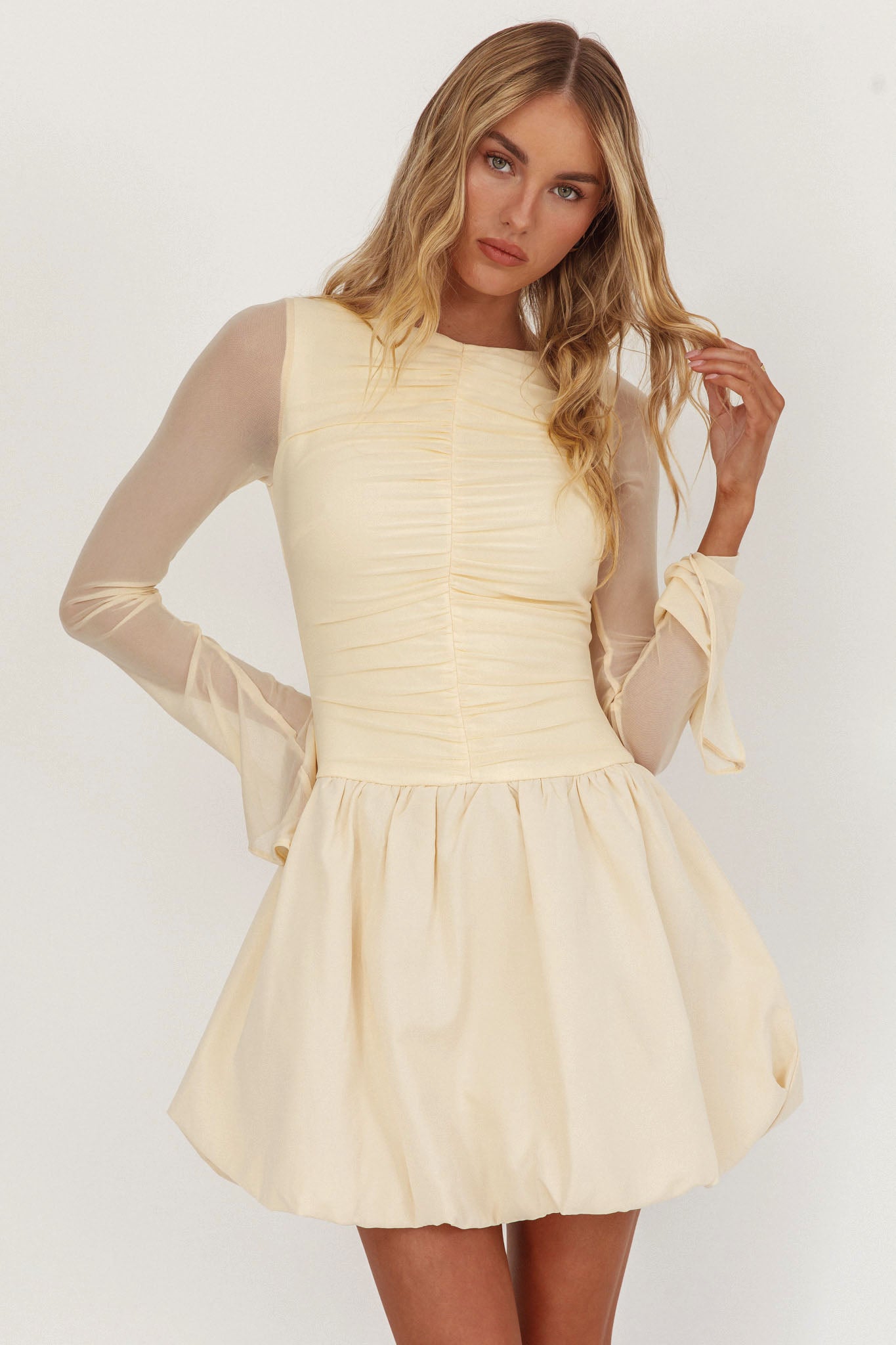 Elowin Long Sleeve Bubble Hem Mini Dress Cream by Selfie Leslie Australia