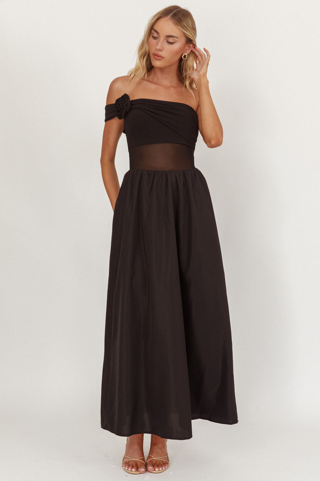 Uma One Sleeve Sheer Waist Midi Dress Black by Selfie Leslie Australia