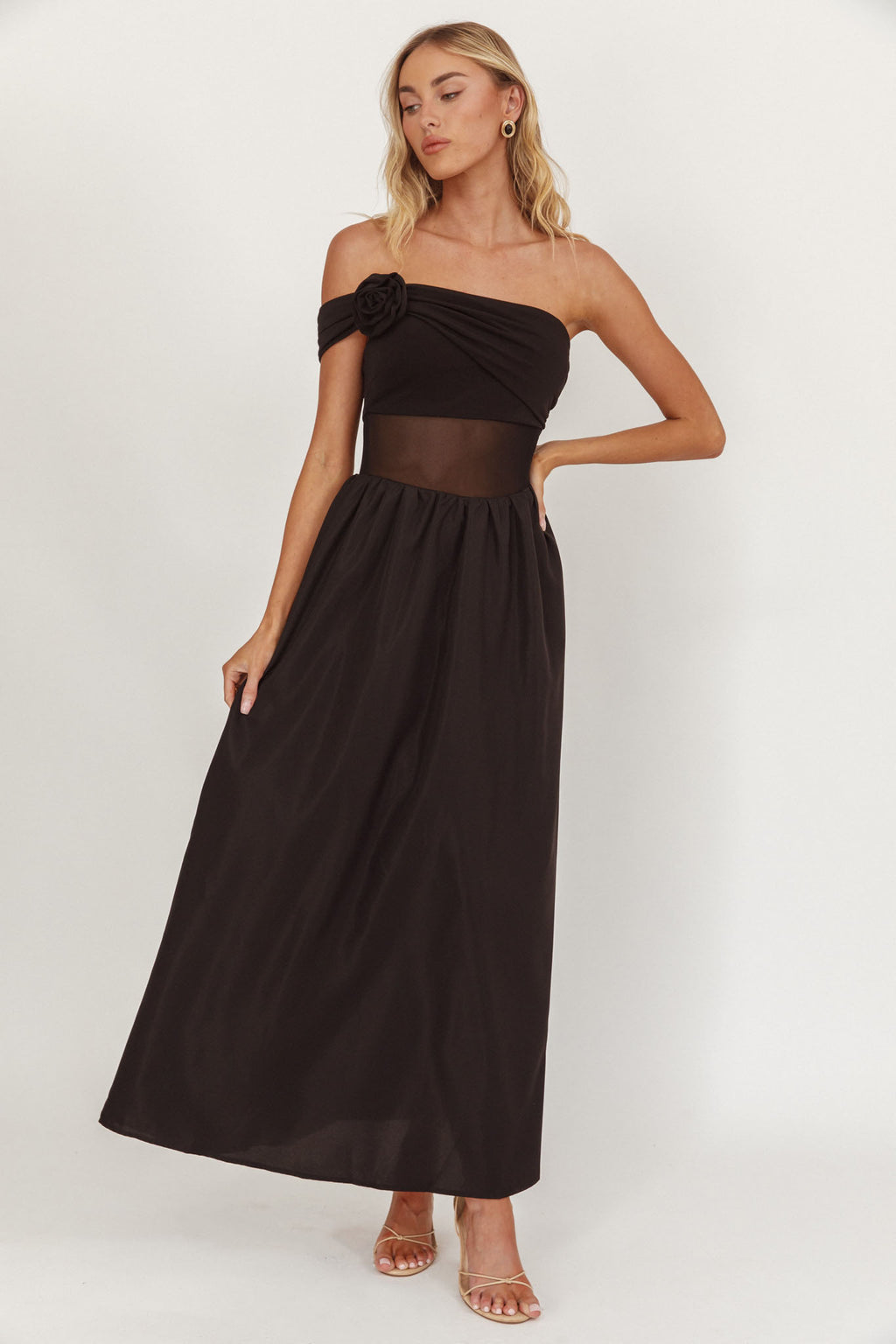 Uma One Sleeve Sheer Waist Midi Dress Black by Selfie Leslie Australia