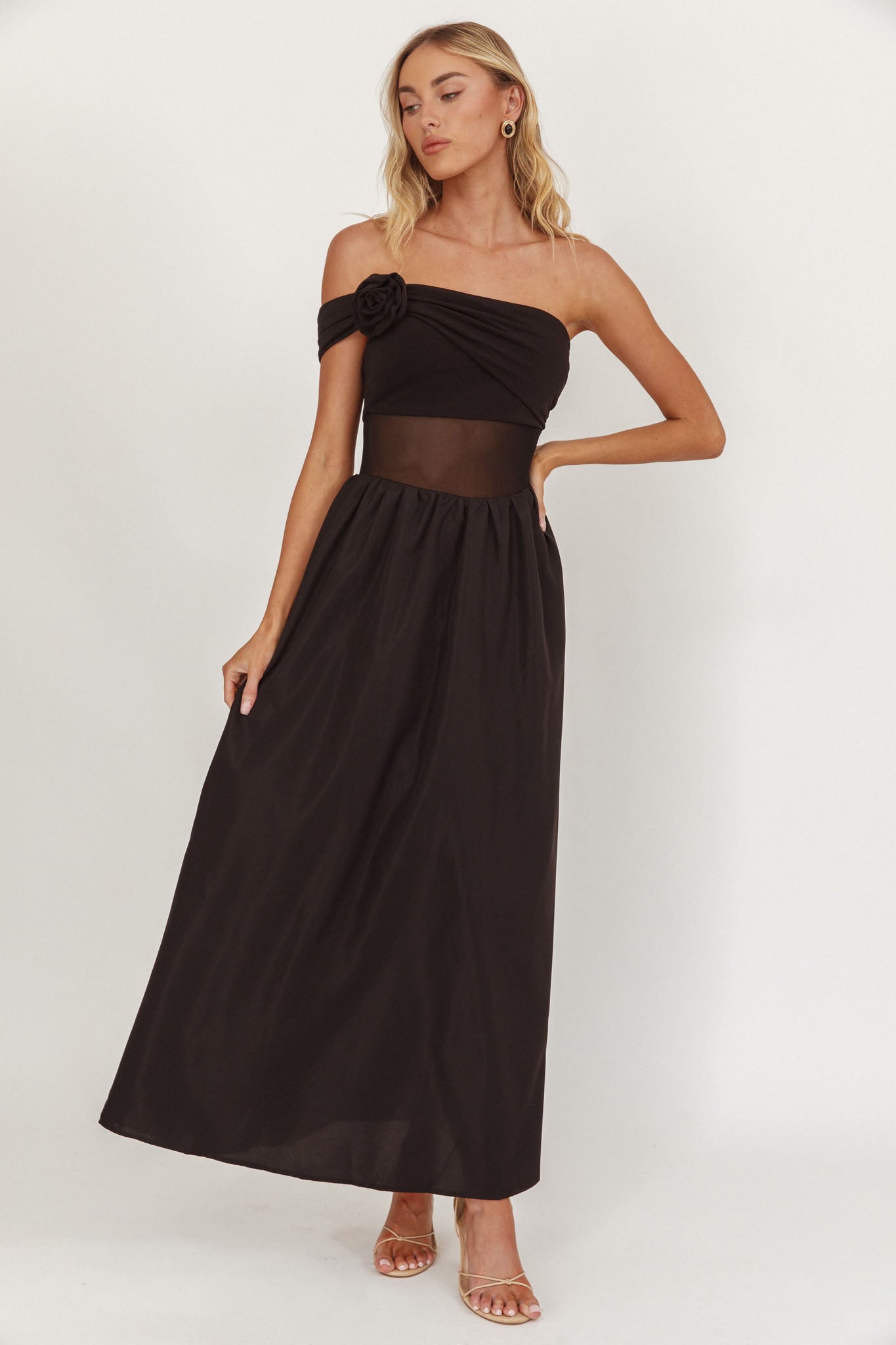 Uma One Sleeve Sheer Waist Midi Dress Black by Selfie Leslie Australia