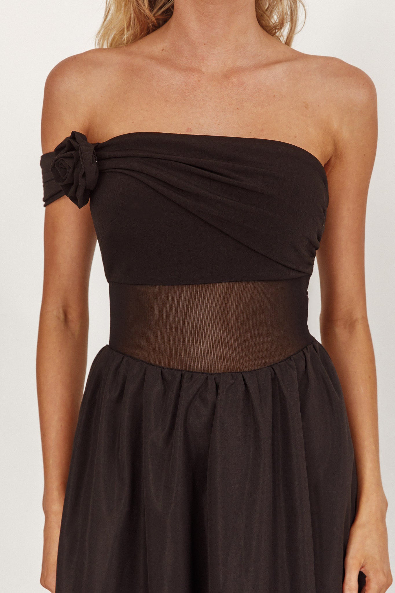Uma One Sleeve Sheer Waist Midi Dress Black by Selfie Leslie Australia