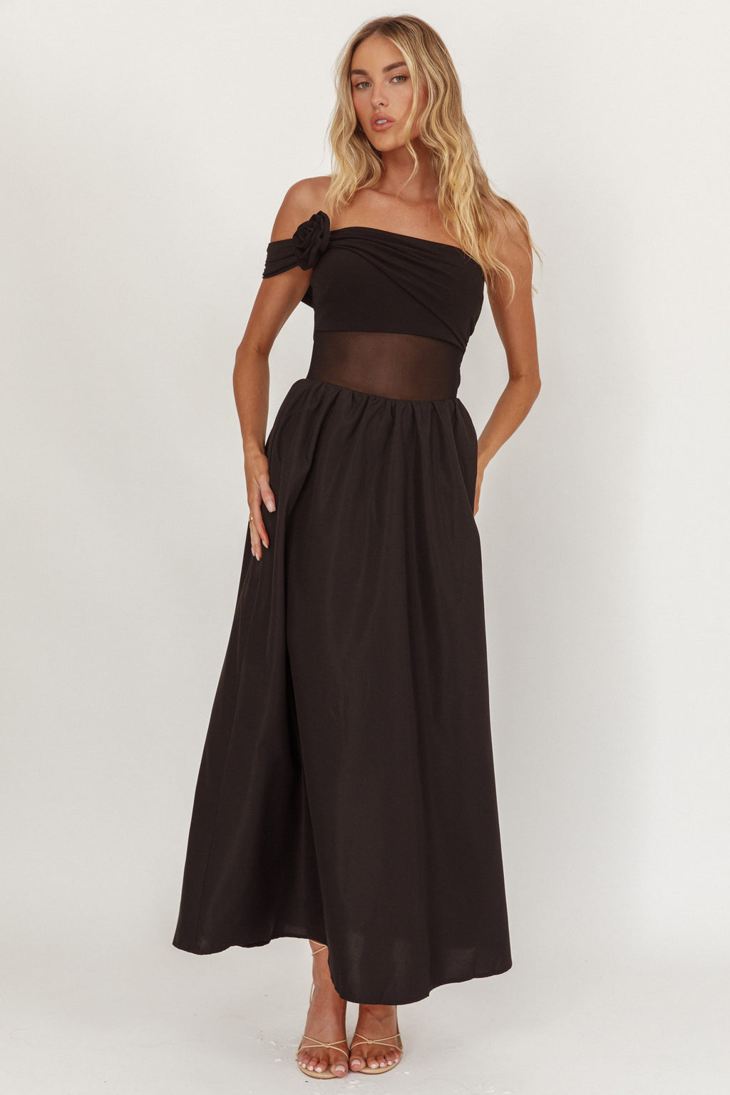Uma One Sleeve Sheer Waist Midi Dress Black by Selfie Leslie Australia