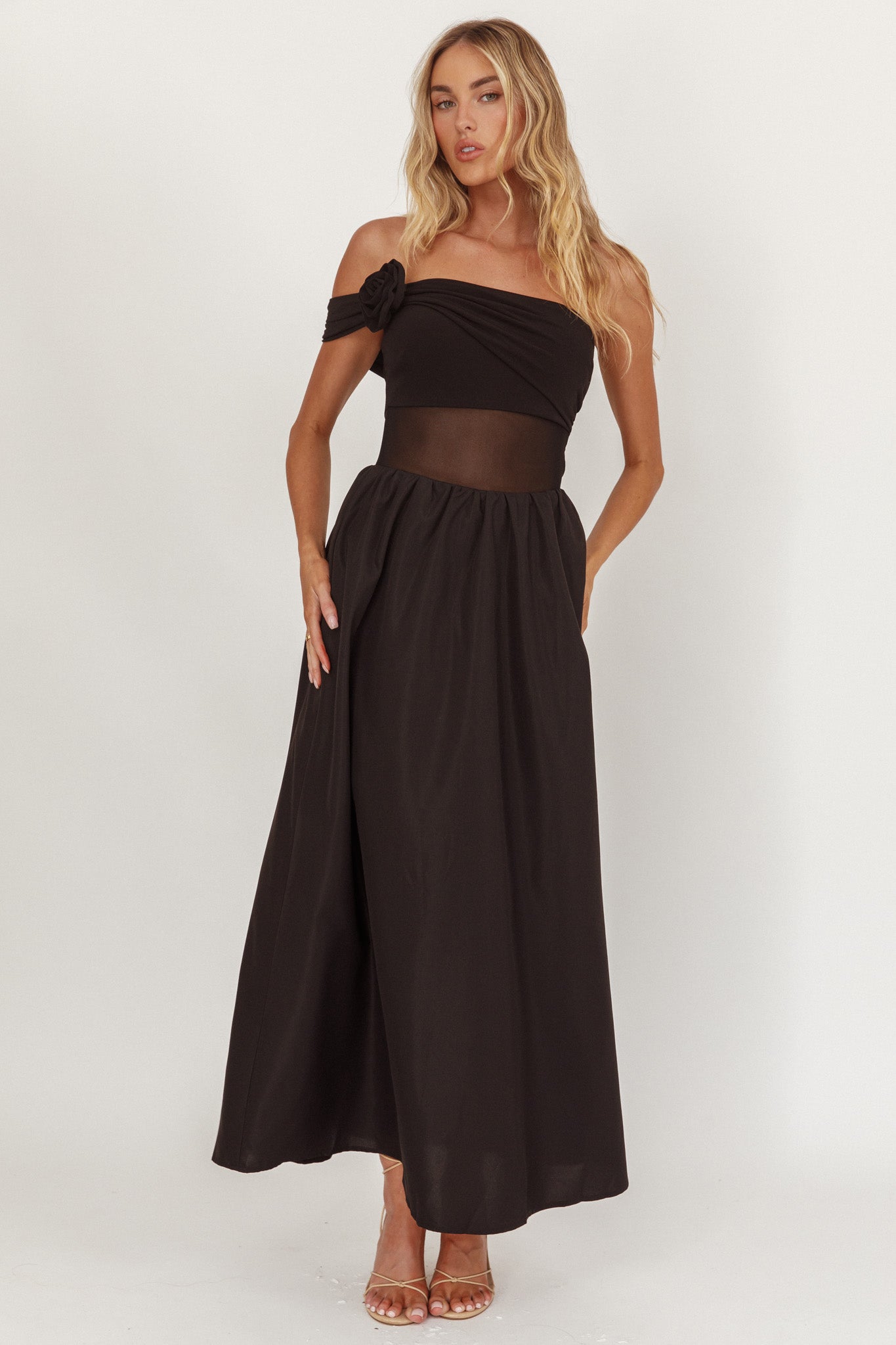 Uma One Sleeve Sheer Waist Midi Dress Black by Selfie Leslie Australia