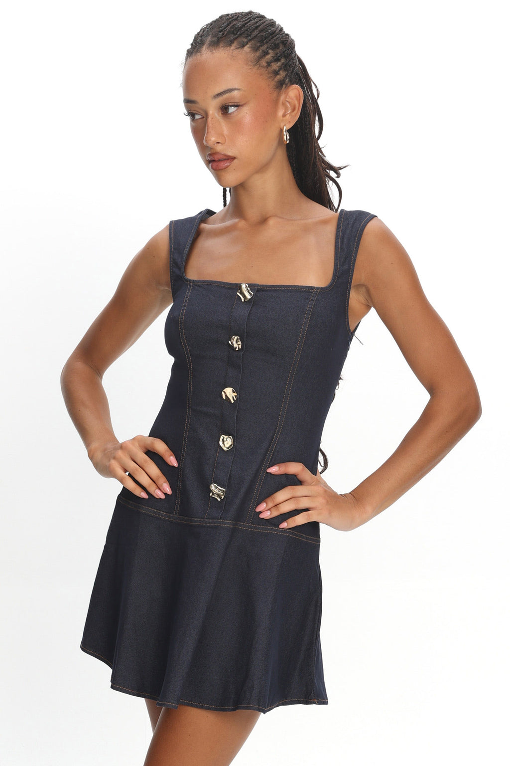 Big Plans Button Front Mini Dress Denim Indigo by Selfie Leslie Australia