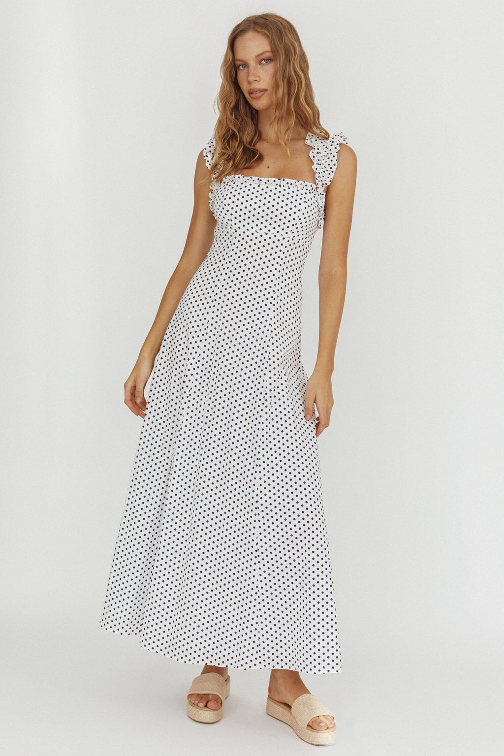 Warrior Sun Frill Strap Maxi Dress Navy Spot by Selfie Leslie Australia