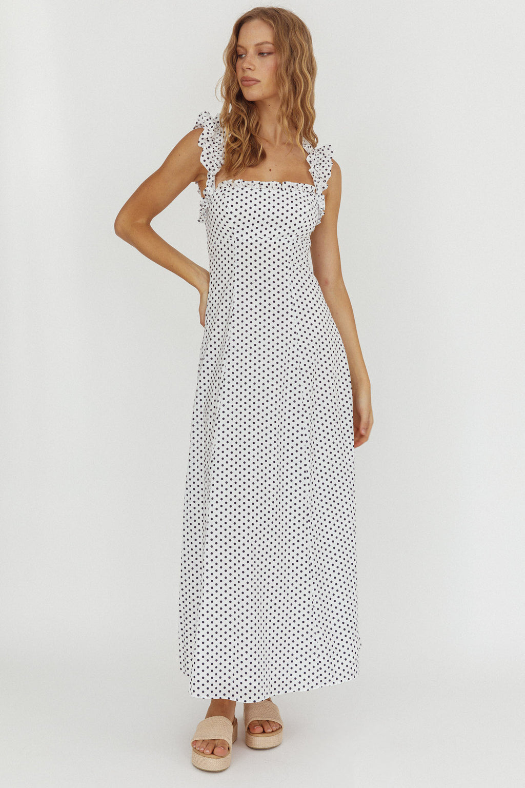 Warrior Sun Frill Strap Maxi Dress Navy Spot by Selfie Leslie Australia