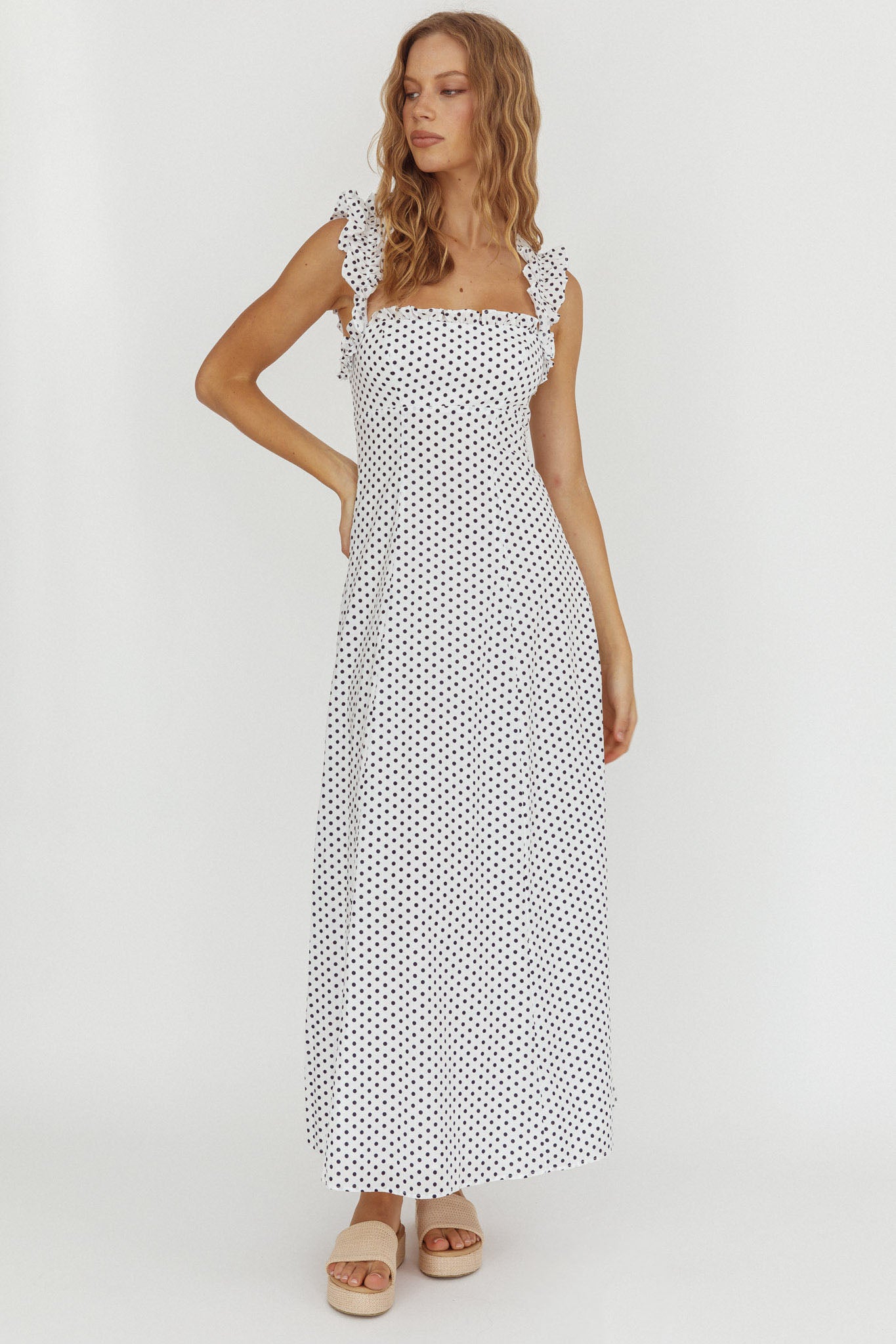 Warrior Sun Frill Strap Maxi Dress Navy Spot by Selfie Leslie Australia