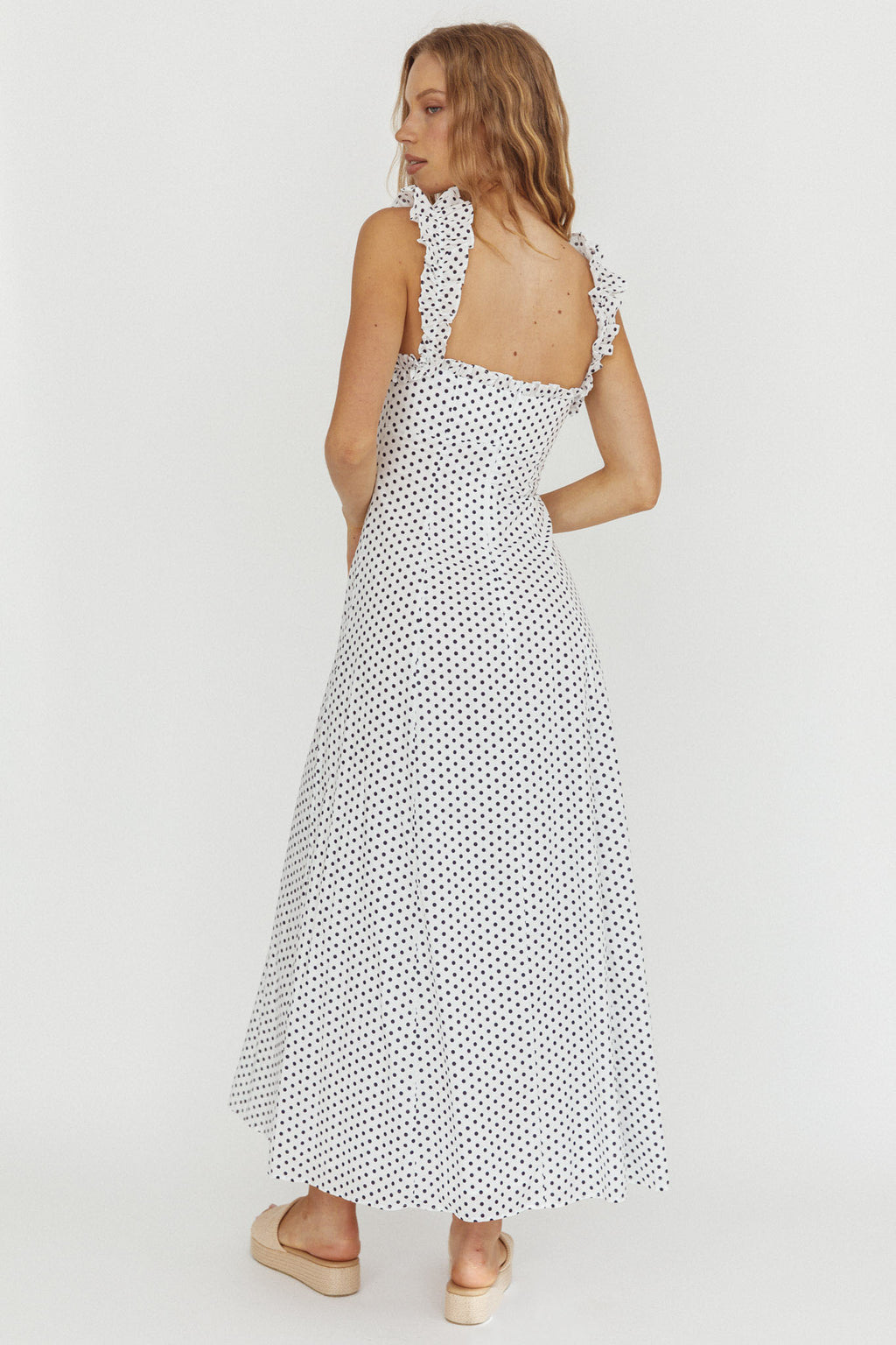 Warrior Sun Frill Strap Maxi Dress Navy Spot by Selfie Leslie Australia