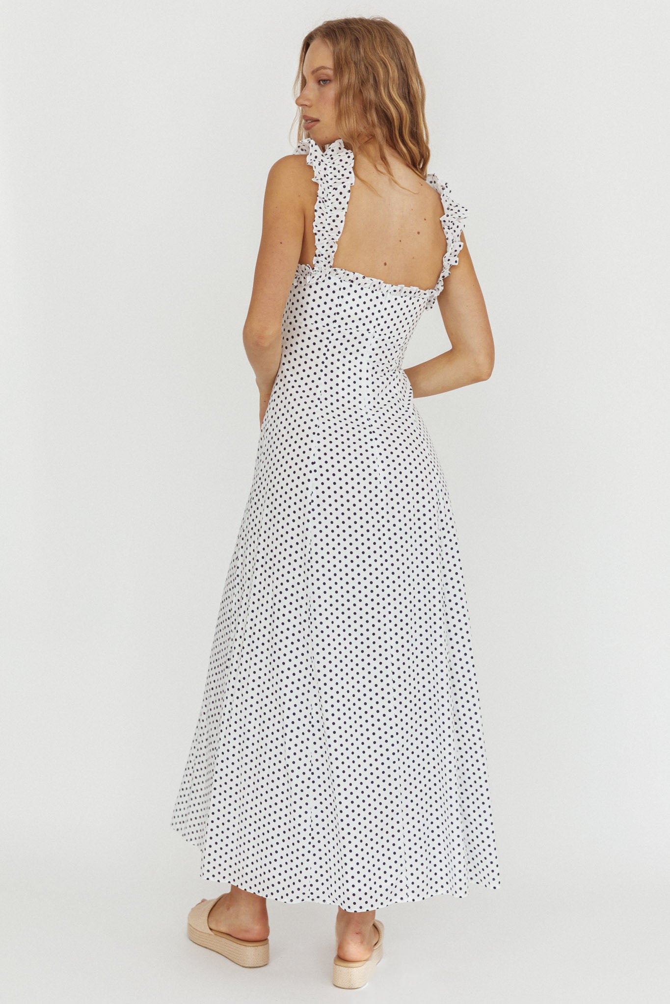 Warrior Sun Frill Strap Maxi Dress Navy Spot by Selfie Leslie Australia