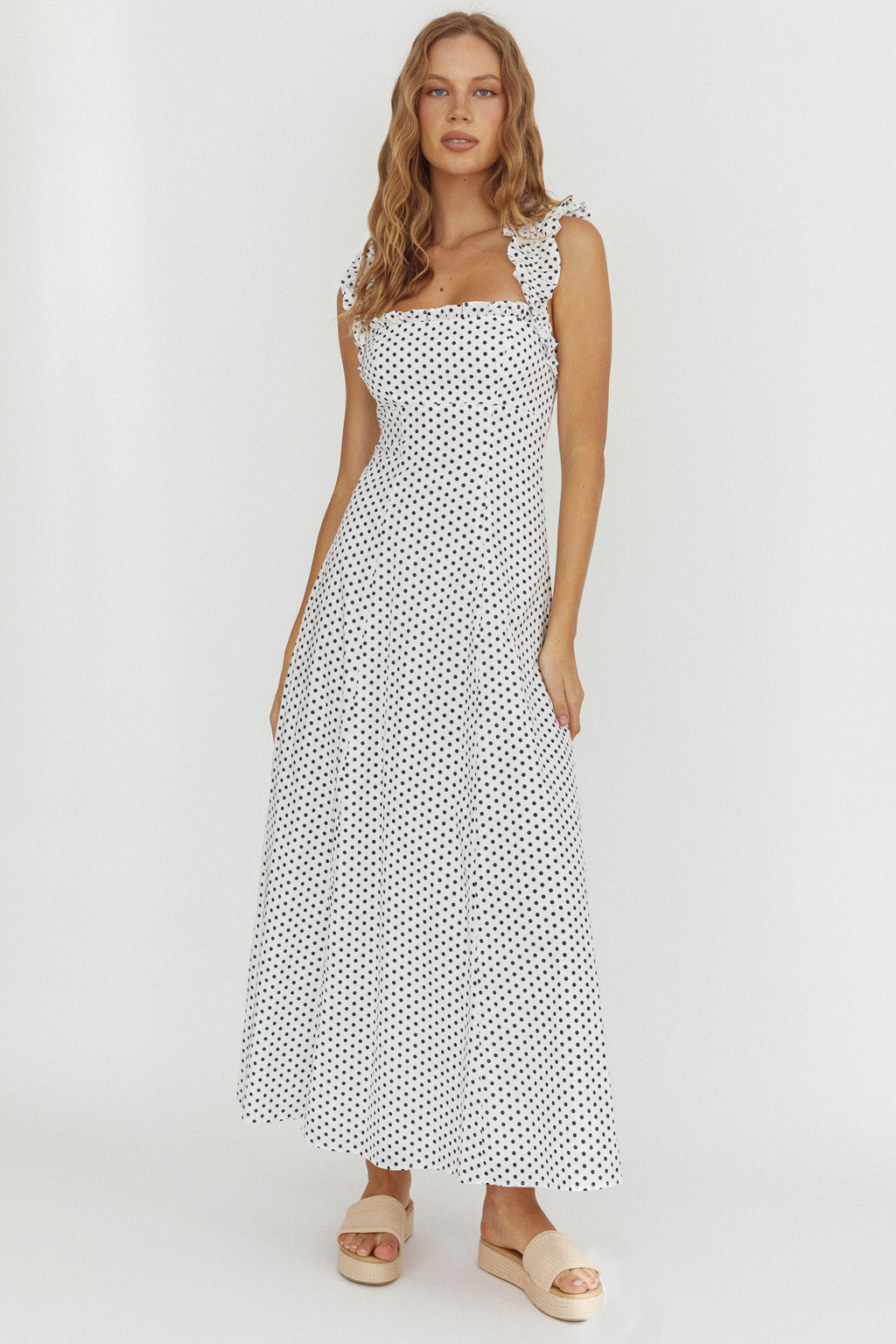 Warrior Sun Frill Strap Maxi Dress Navy Spot by Selfie Leslie Australia