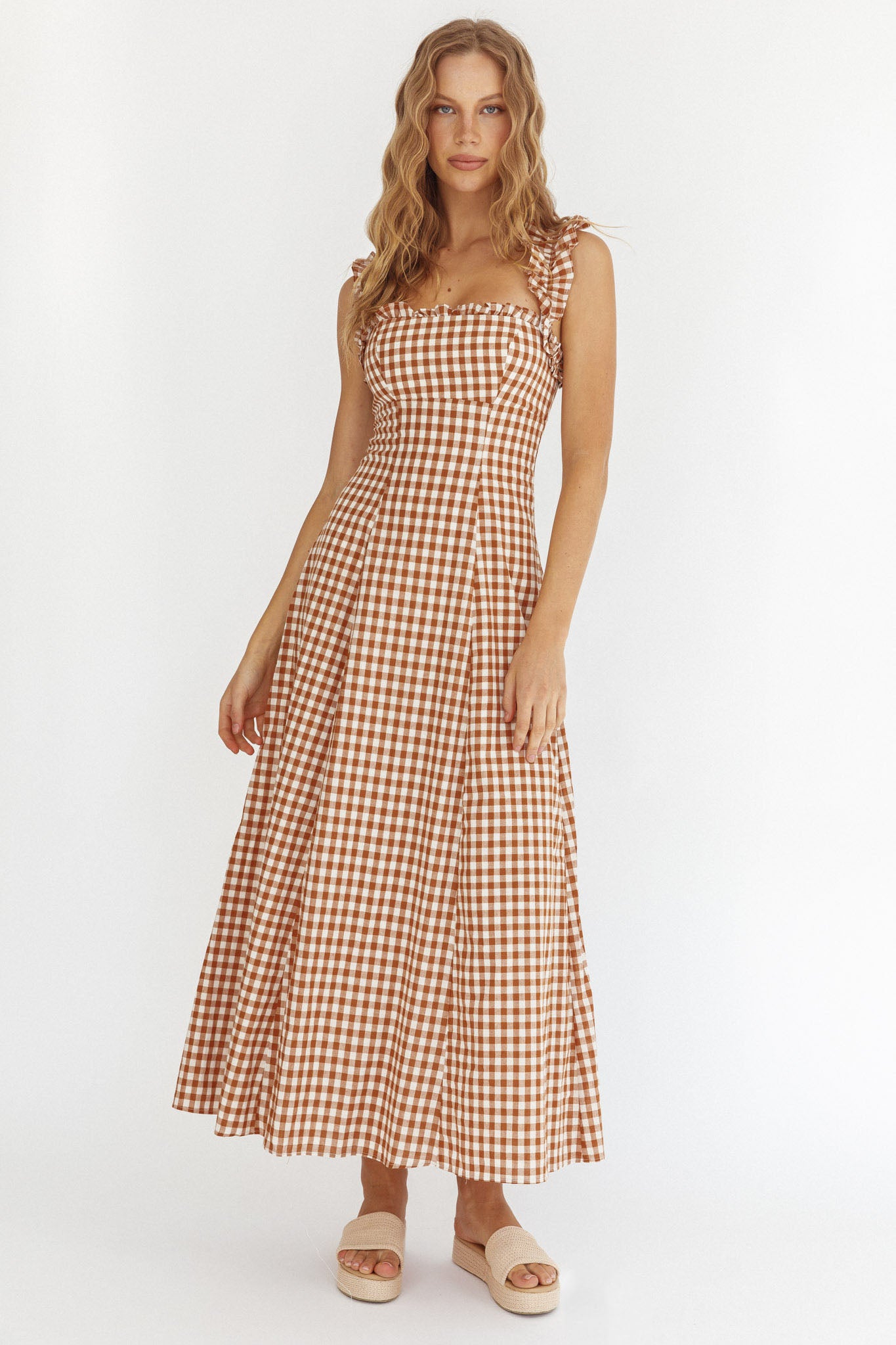 Warrior Sun Frill Strap Maxi Dress Tan Check by Selfie Leslie Australia