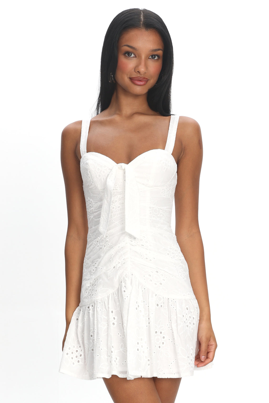 Rachelle Tied Bust Ruched Mini Dress Eyelet White by Selfie Leslie Australia