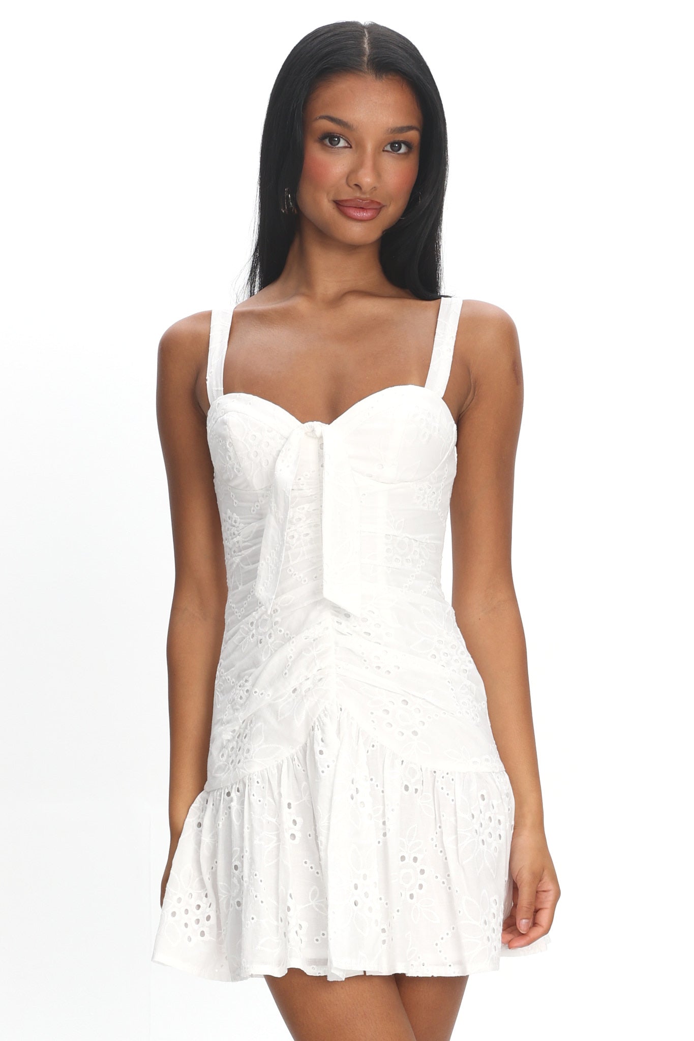 Rachelle Tied Bust Ruched Mini Dress Eyelet White by Selfie Leslie Australia