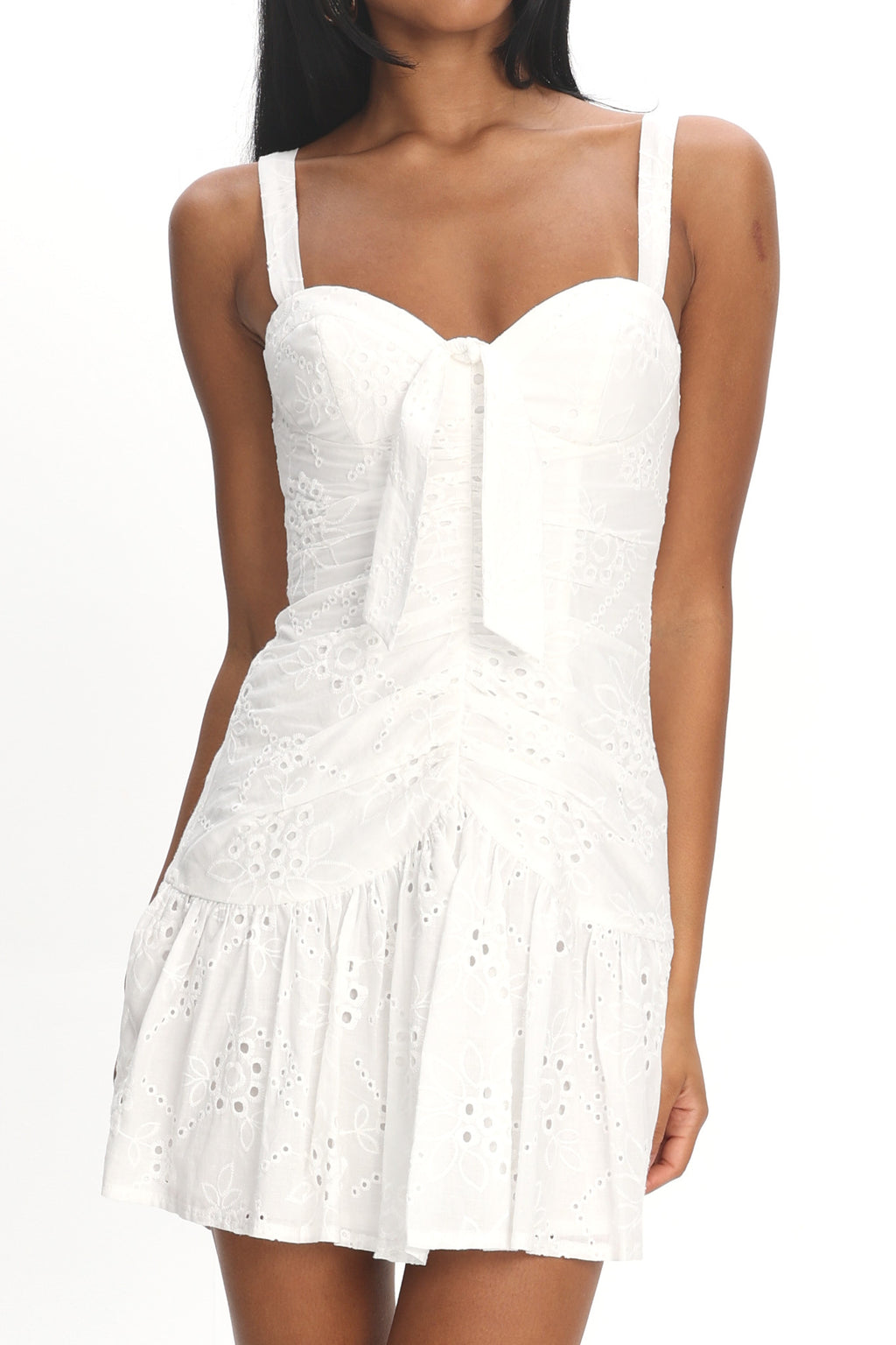 Rachelle Tied Bust Ruched Mini Dress Eyelet White by Selfie Leslie Australia