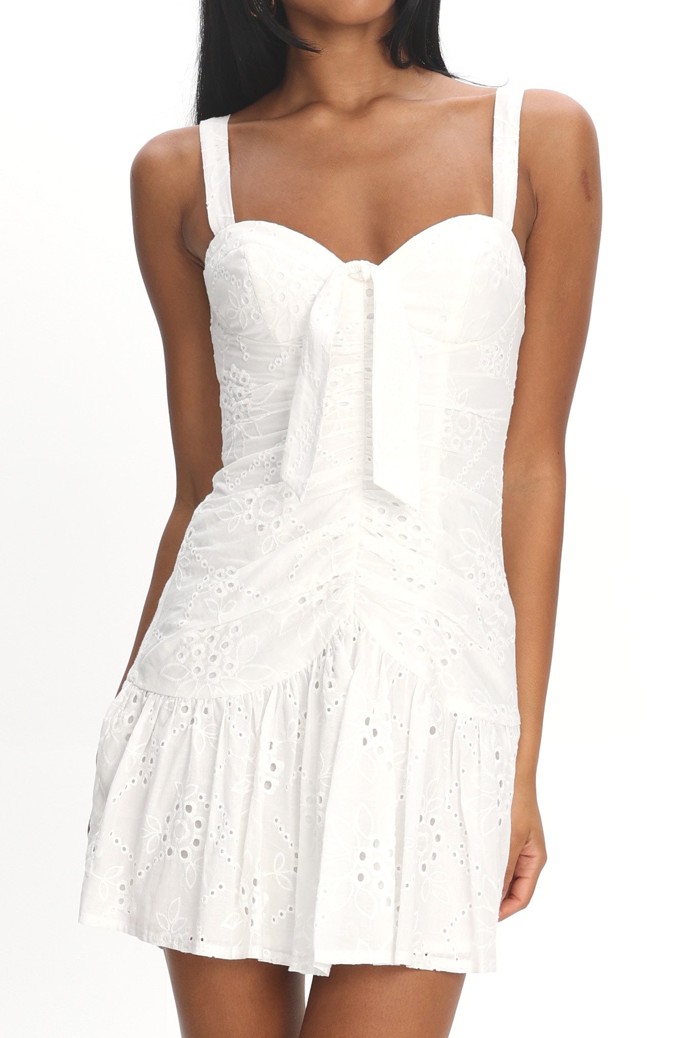 Rachelle Tied Bust Ruched Mini Dress Eyelet White by Selfie Leslie Australia