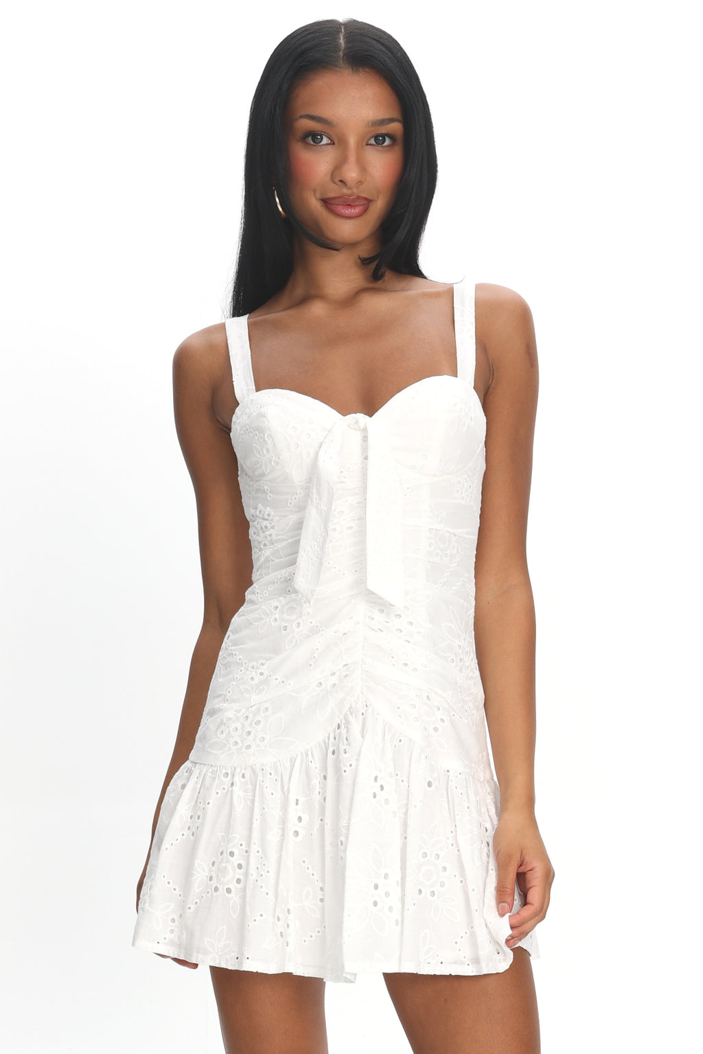 Rachelle Tied Bust Ruched Mini Dress Eyelet White by Selfie Leslie Australia