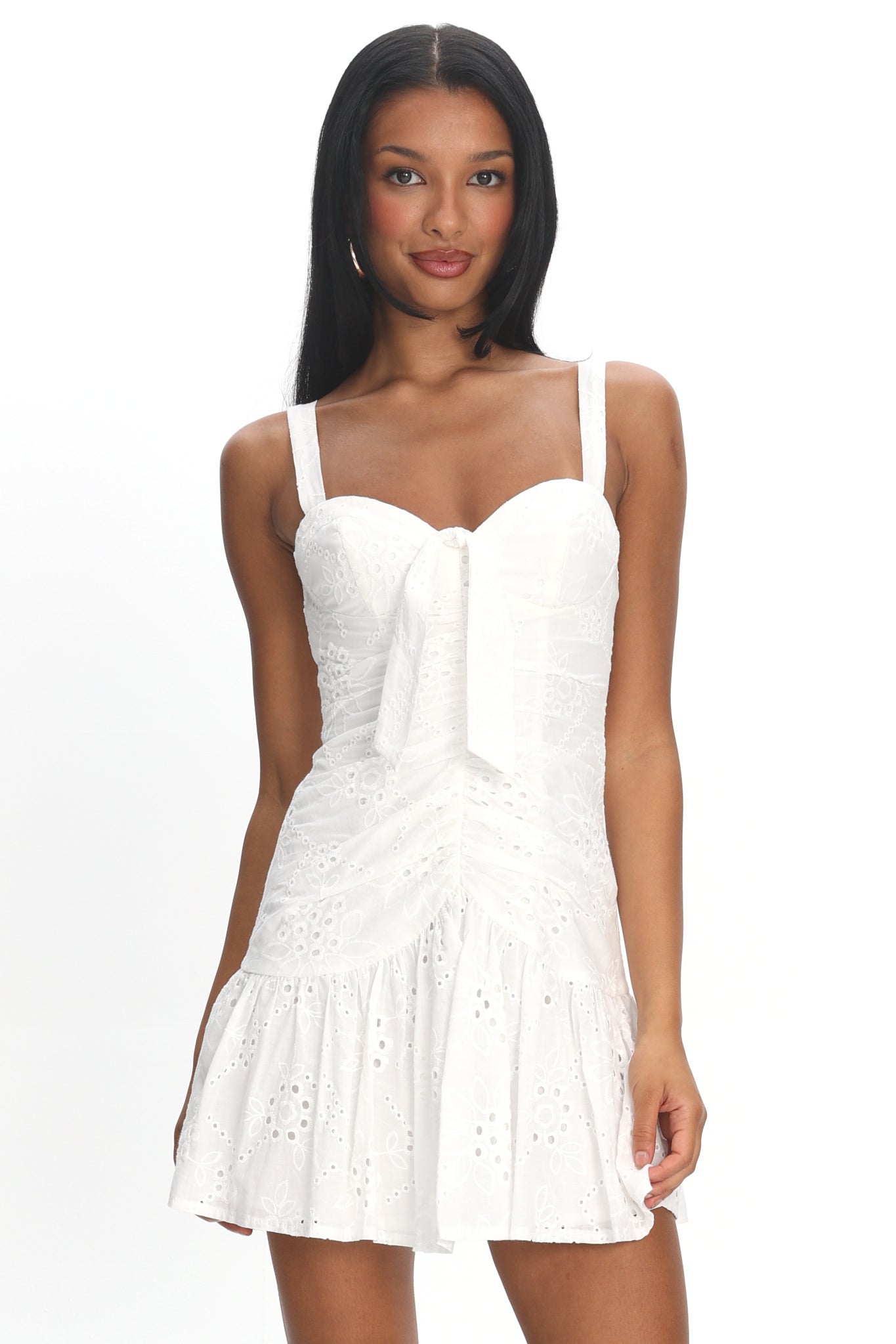 Rachelle Tied Bust Ruched Mini Dress Eyelet White by Selfie Leslie Australia