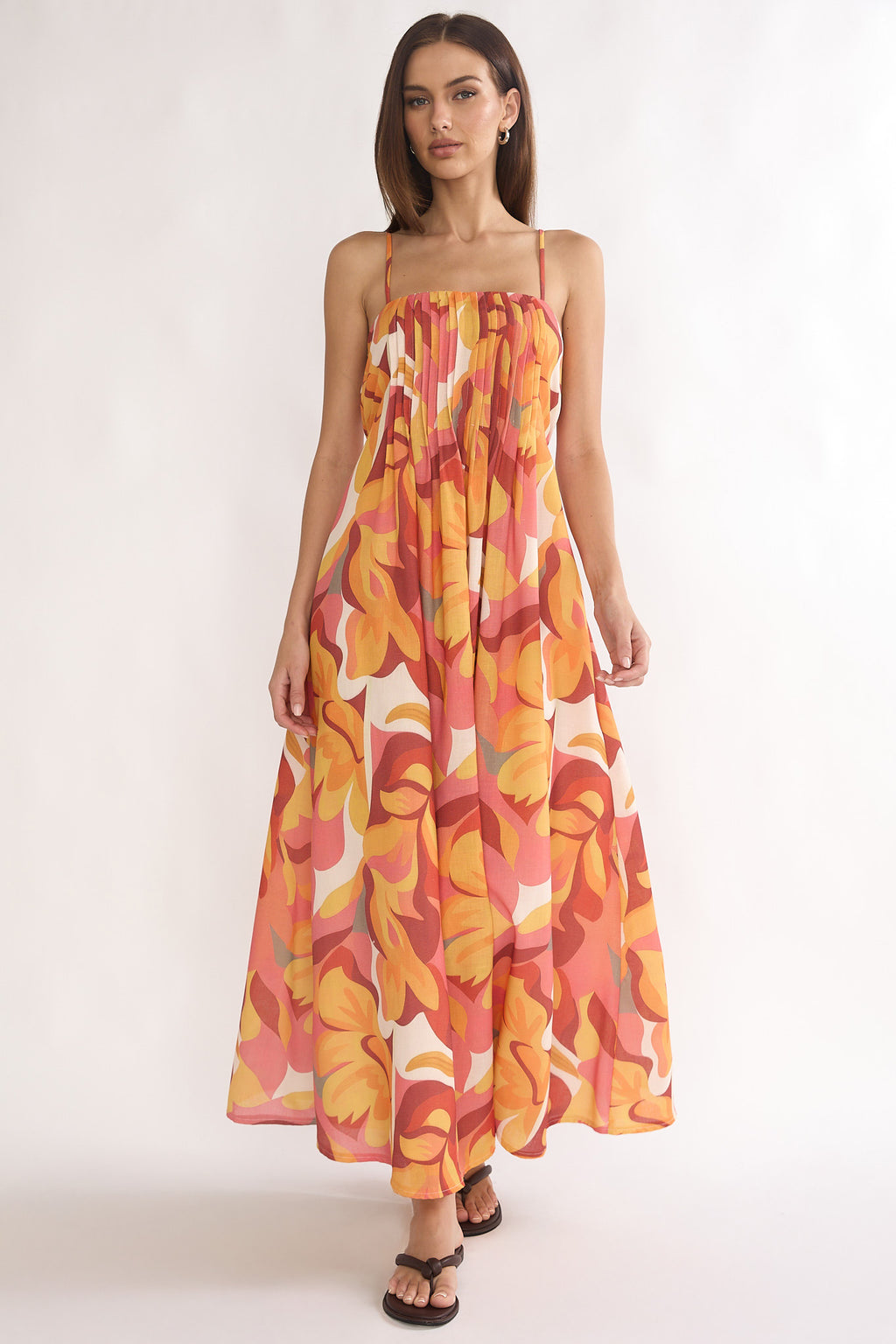 Lysette Pintuck Pleat Maxi Dress Print Orange by Selfie Leslie Australia